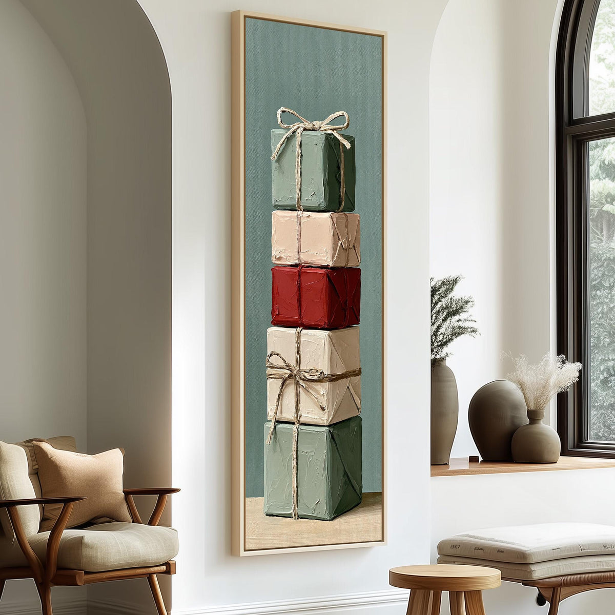 Stack of gifts tied with twine tall skinny canvas print in a sunlit living space