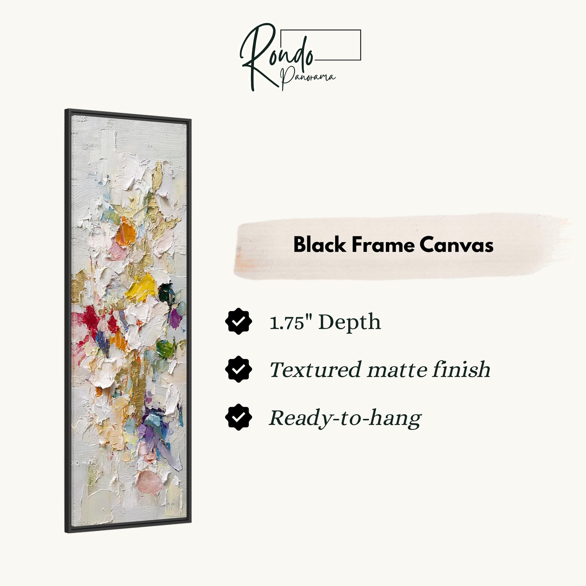 The image is a product advertisement for a black frame canvas. It features a colorful abstract painting with a textured finish and a 1.75" depth. The canvas is described as textured matte finish and ready-to-hang.