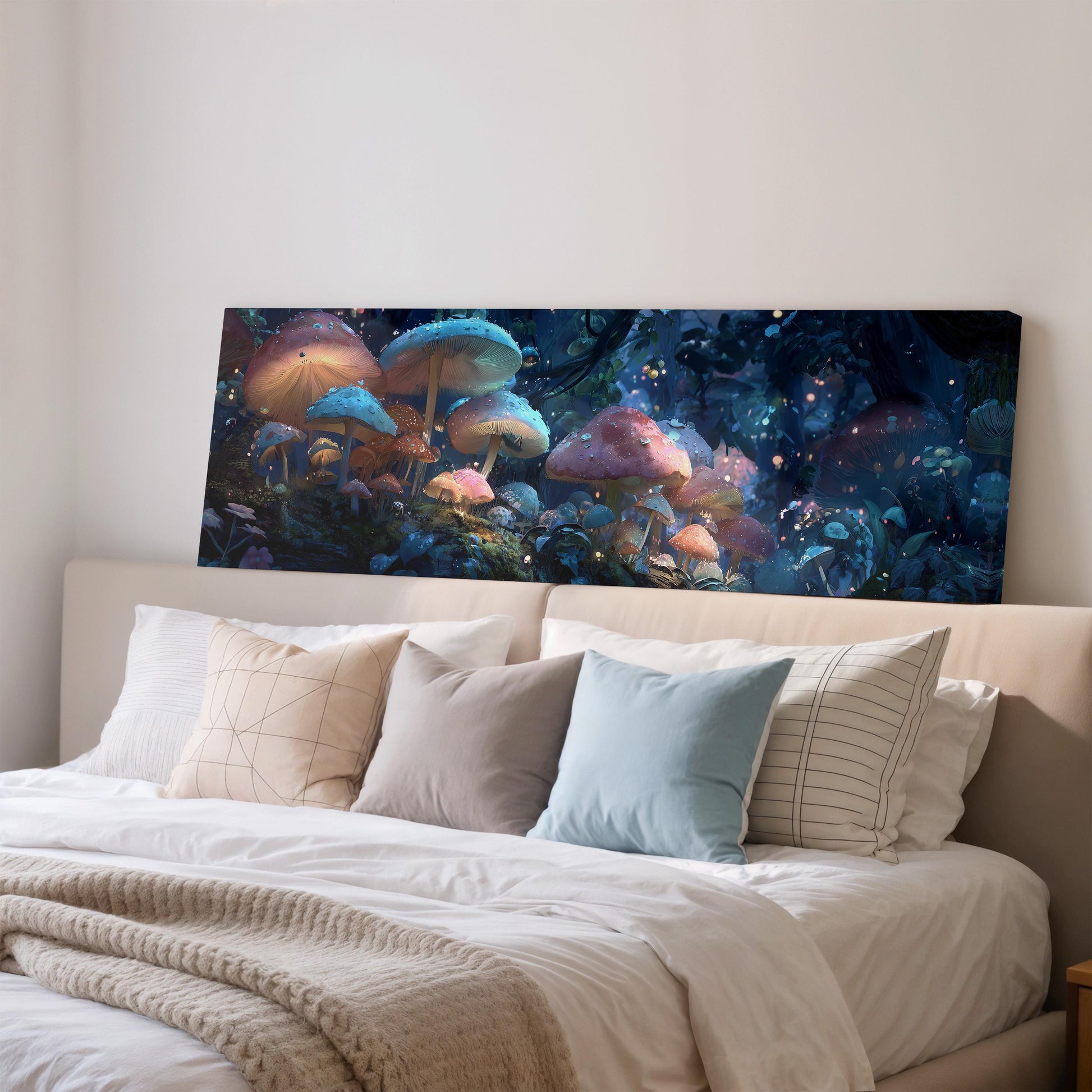 a large, colorful painting of mushrooms and other fantastical elements displayed on a wall above a bed with white bedding.