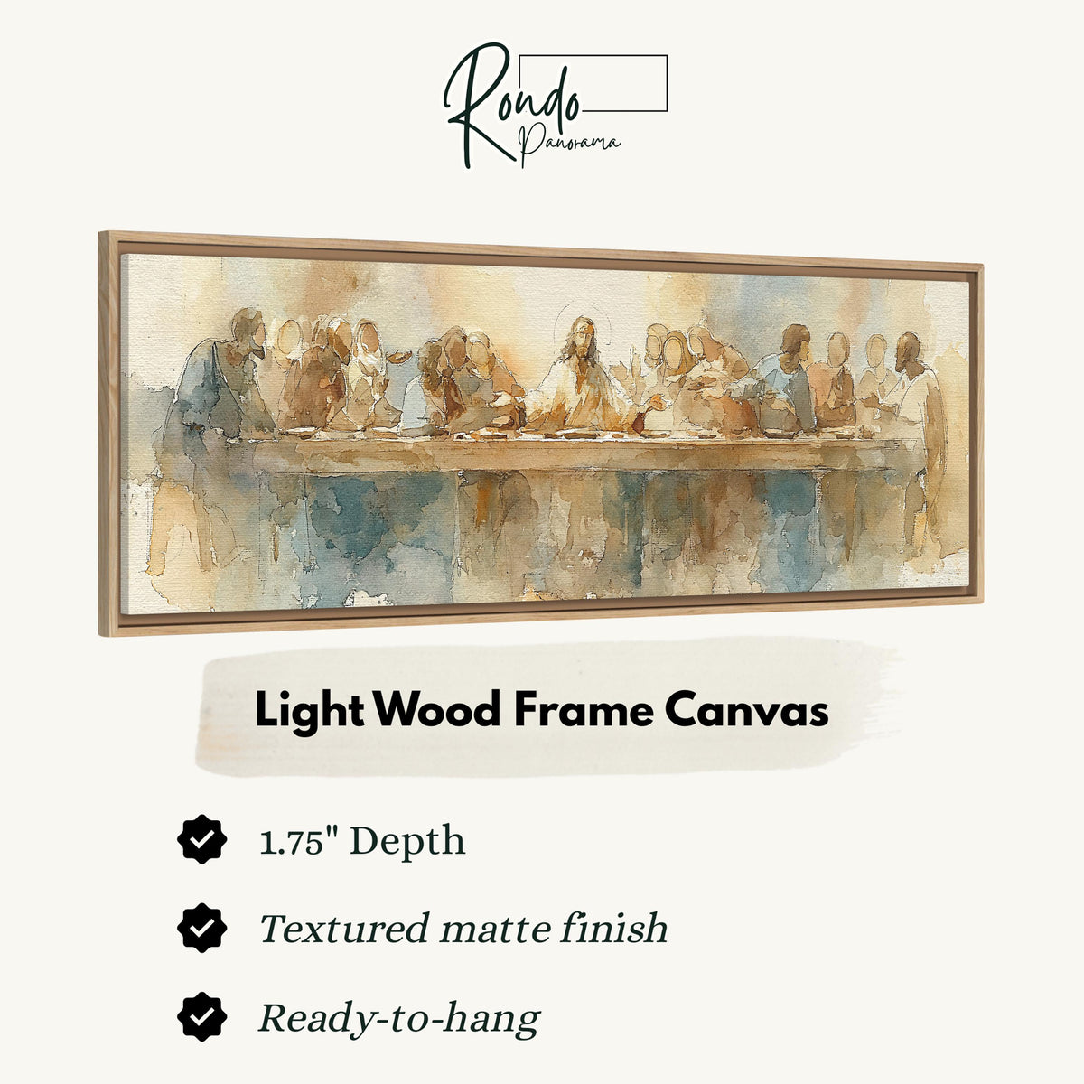 The Last Supper in watercolor canvas print in a light wood floating frame