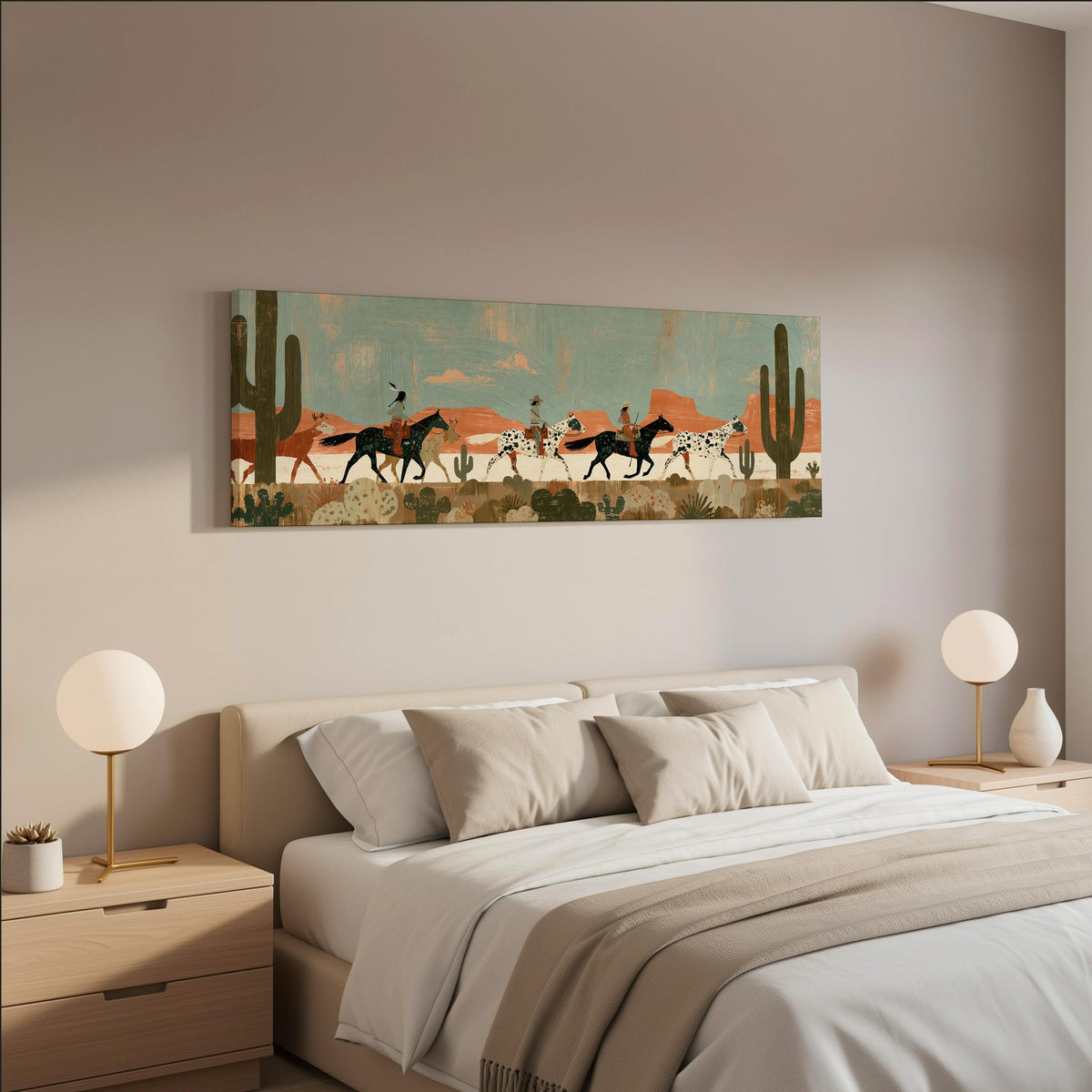 Riders on spotted horses across a red rock desert wide panoramic canvas print above a bed in a neutral bedroom
