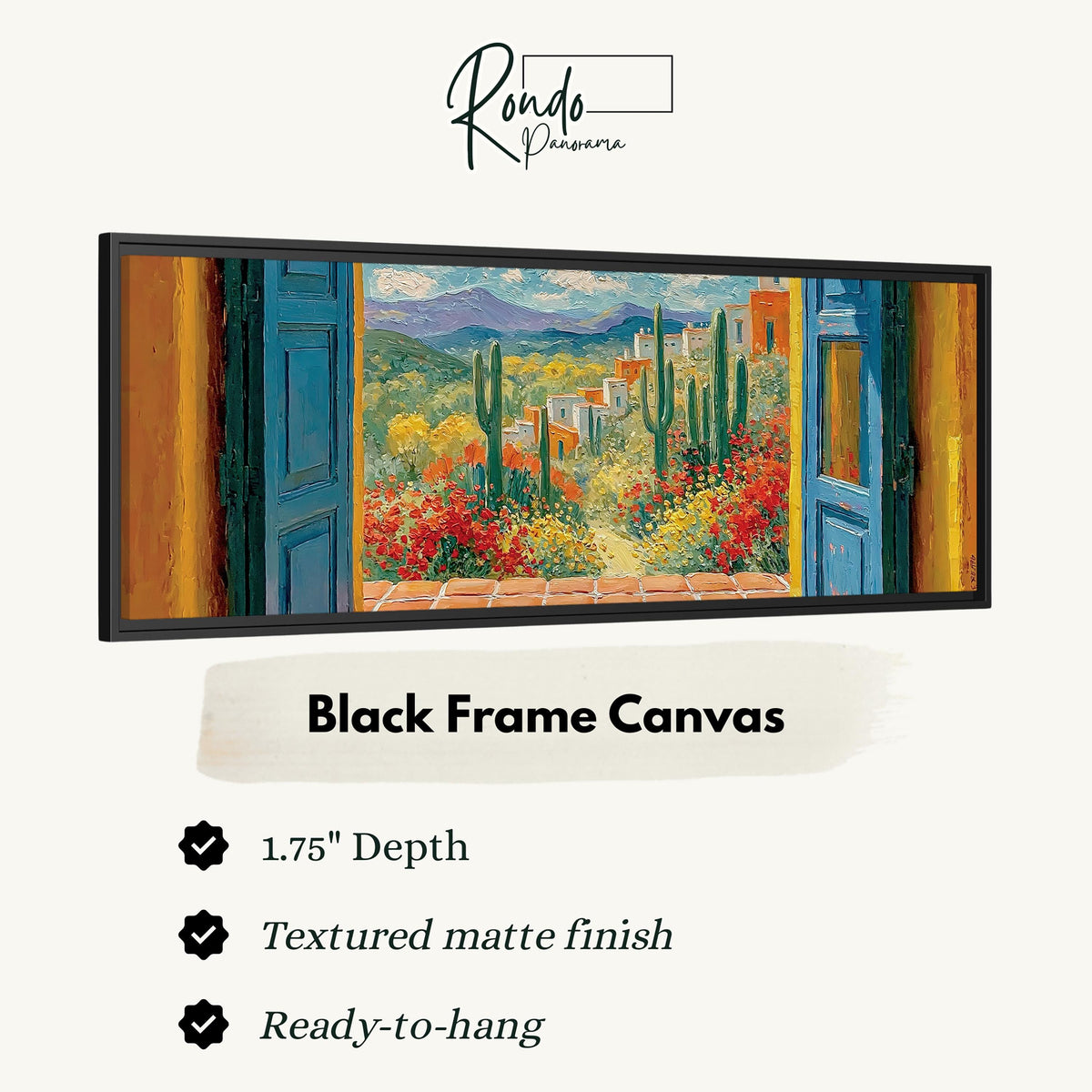 Cactus courtyard seen through blue doors canvas print in a black floating frame
