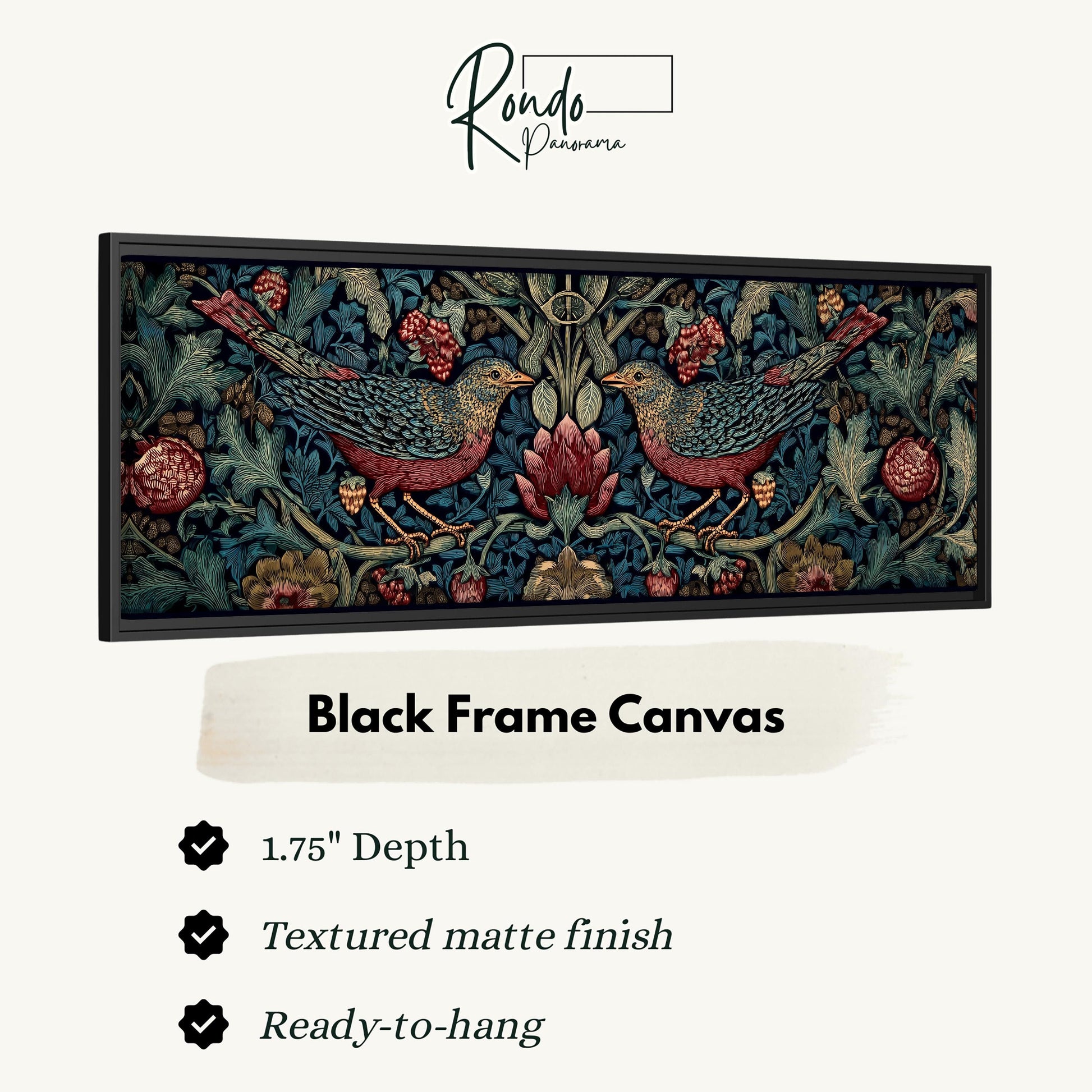 The image is a black frame canvas featuring a detailed illustration of two birds, possibly a robin and a sparrow, surrounded by a floral and leafy background.