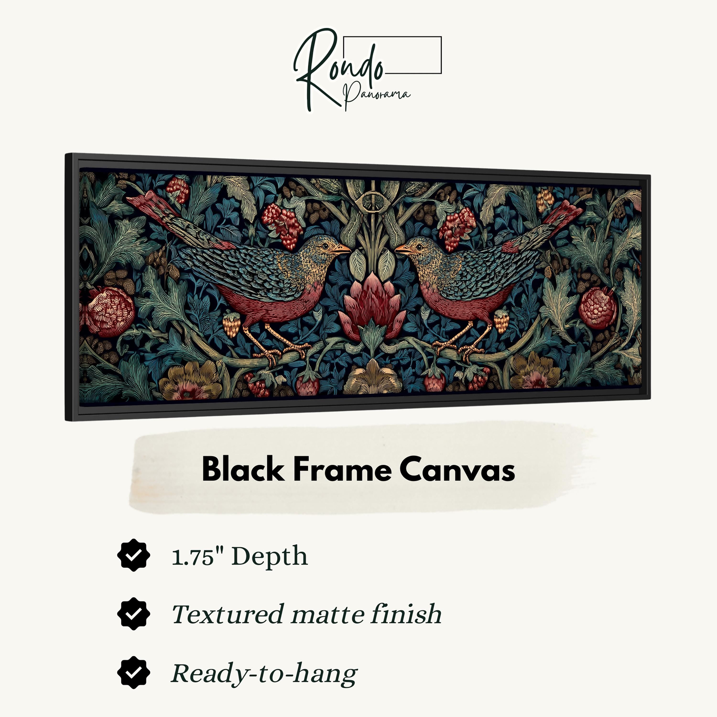 The image is a black frame canvas featuring a detailed illustration of two birds, possibly a robin and a sparrow, surrounded by a floral and leafy background.