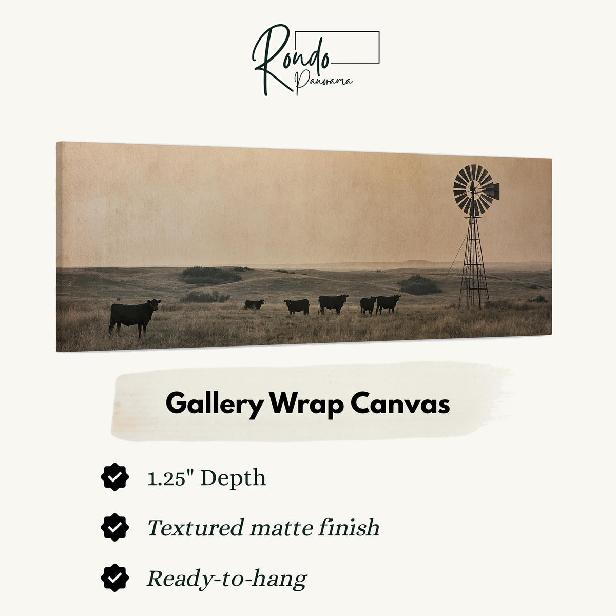Black cattle grazing by a windmill on the prairie gallery wrap canvas with the image wrapped around the edges