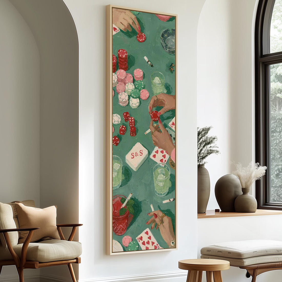 Poker table with chips, cards and dice long vertical canvas print in a sunlit living space