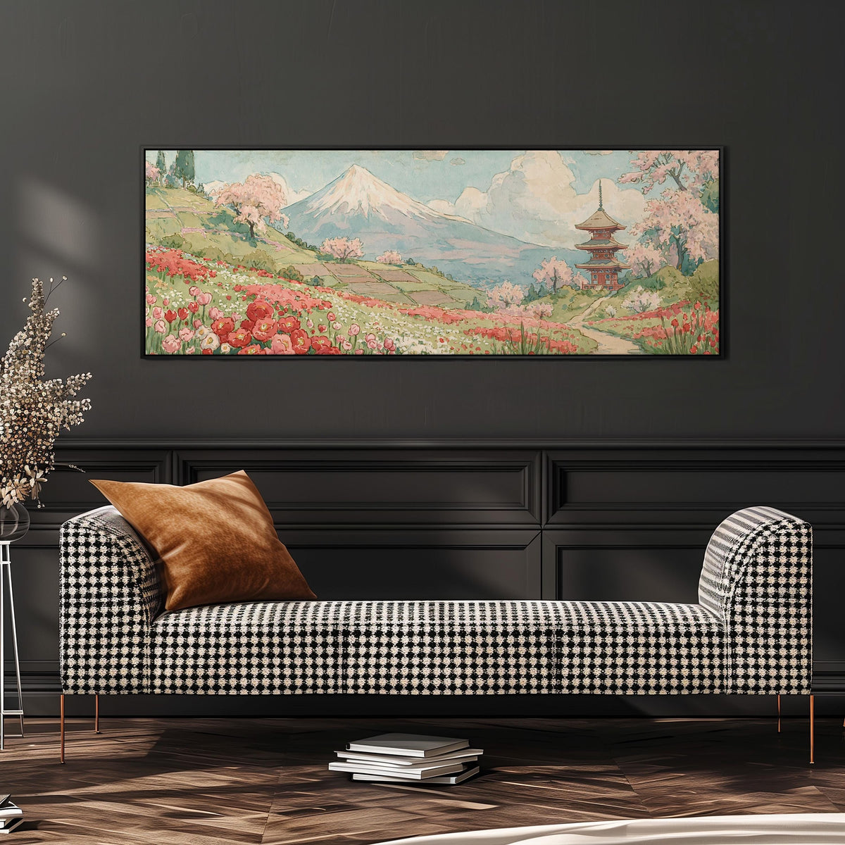 Mount Fuji with sakura and a pagoda wide panoramic canvas print above a bench in a dark living room