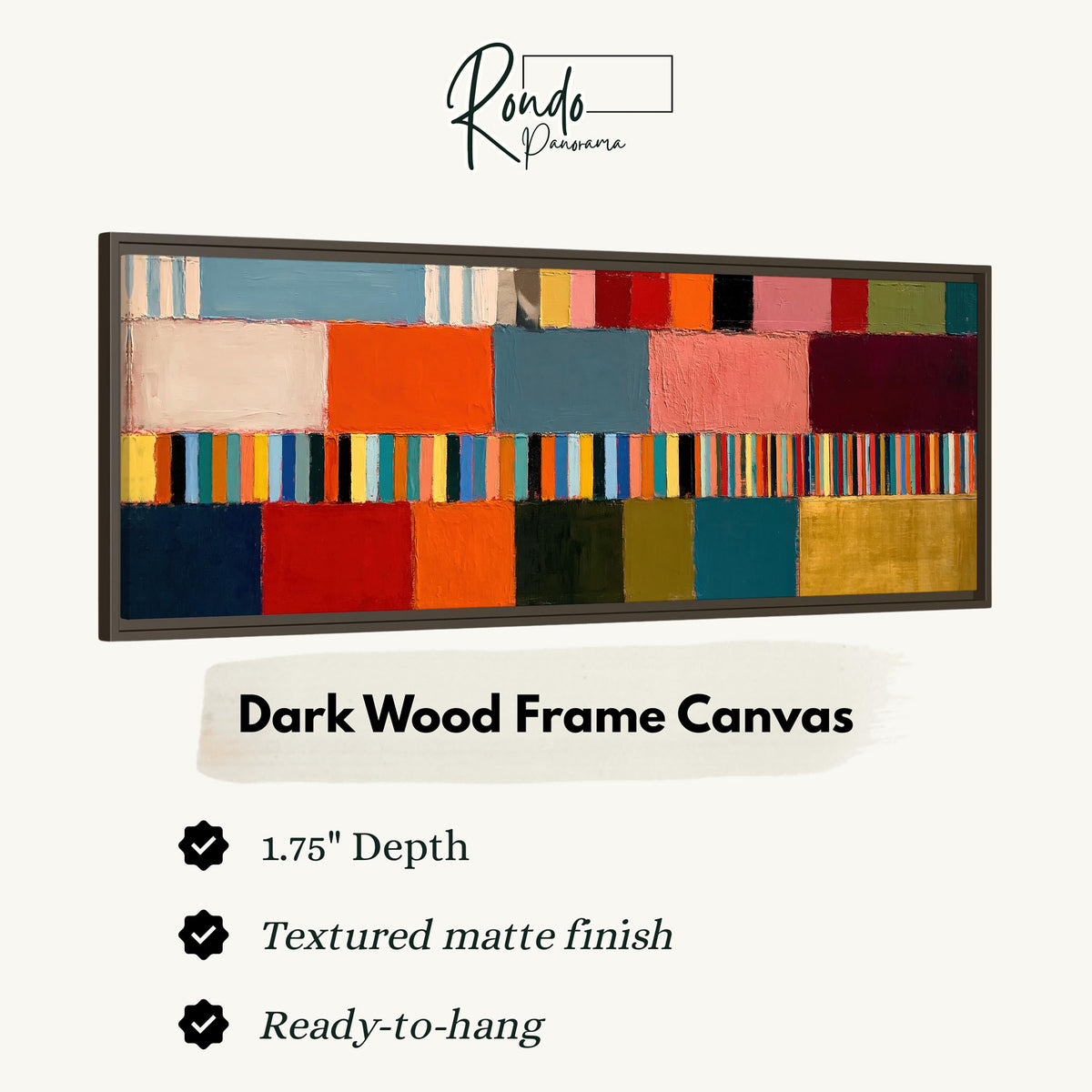 Rainbow patchwork color bands canvas print in a dark wood floating frame