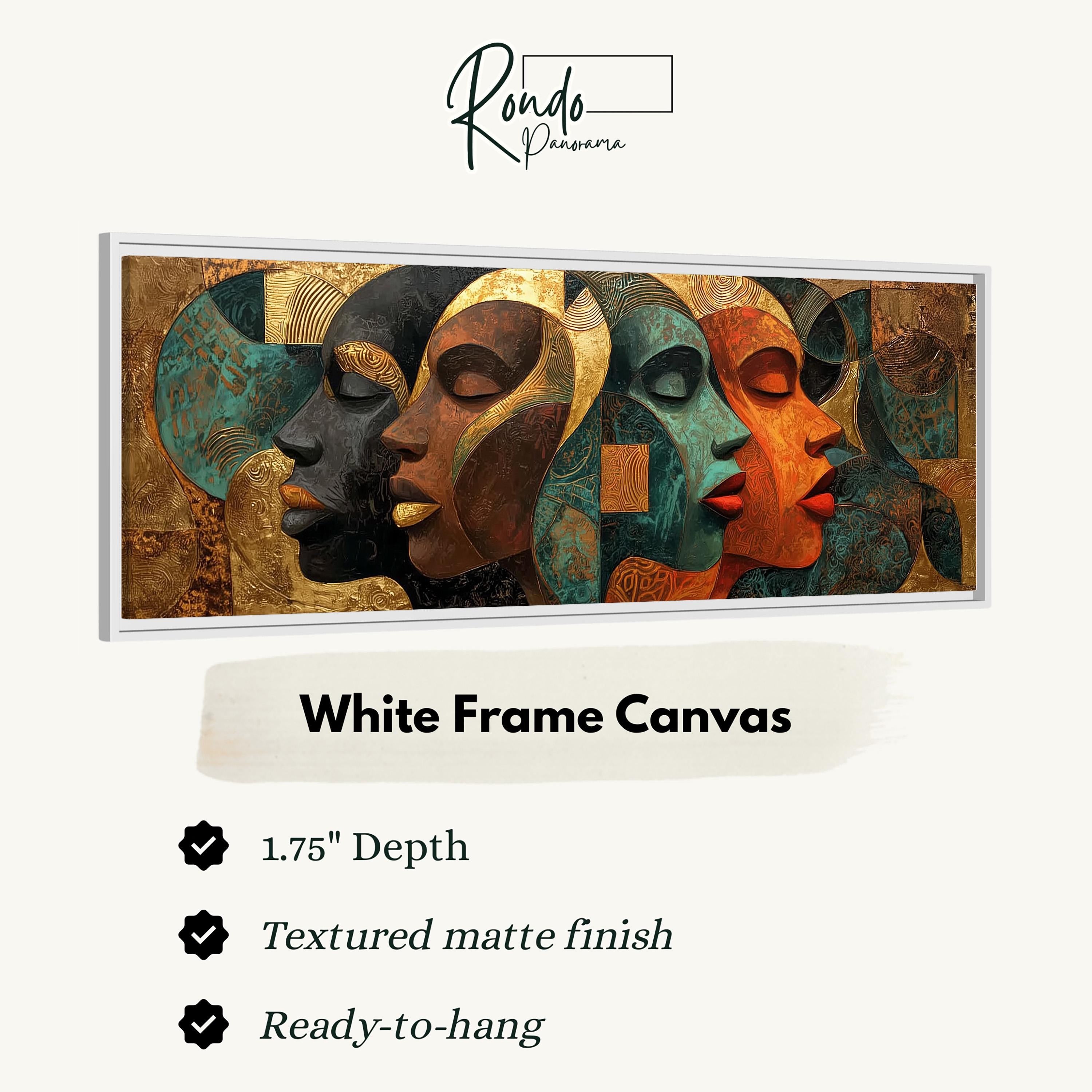 The image is a framed artwork depicting four abstract human faces in various colors and expressions, with a white frame.