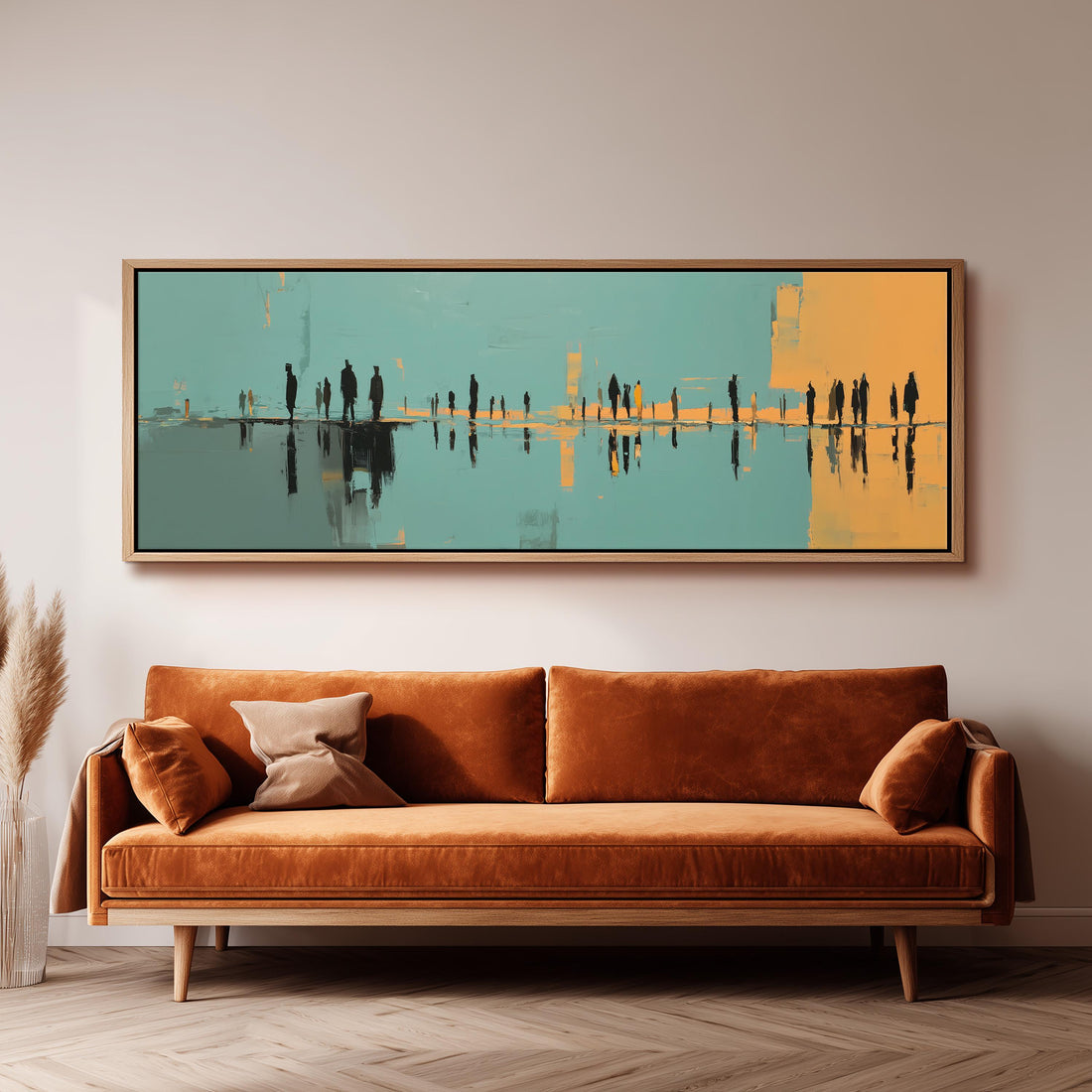 a large abstract painting hanging on a wall above a brown sofa with two pillows.