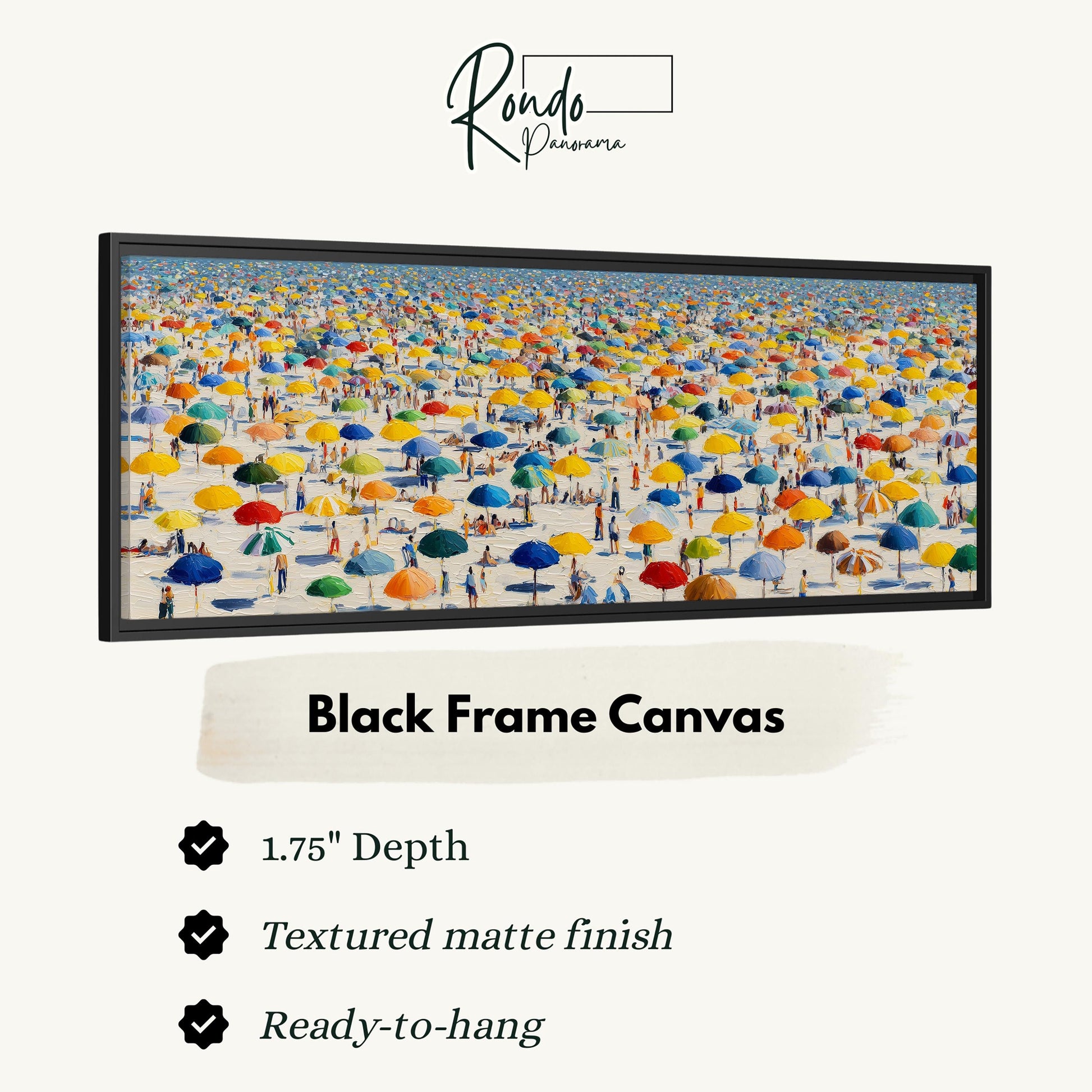 A large black frame canvas depicting a beach scene with numerous colorful umbrellas and people enjoying the sunny day.