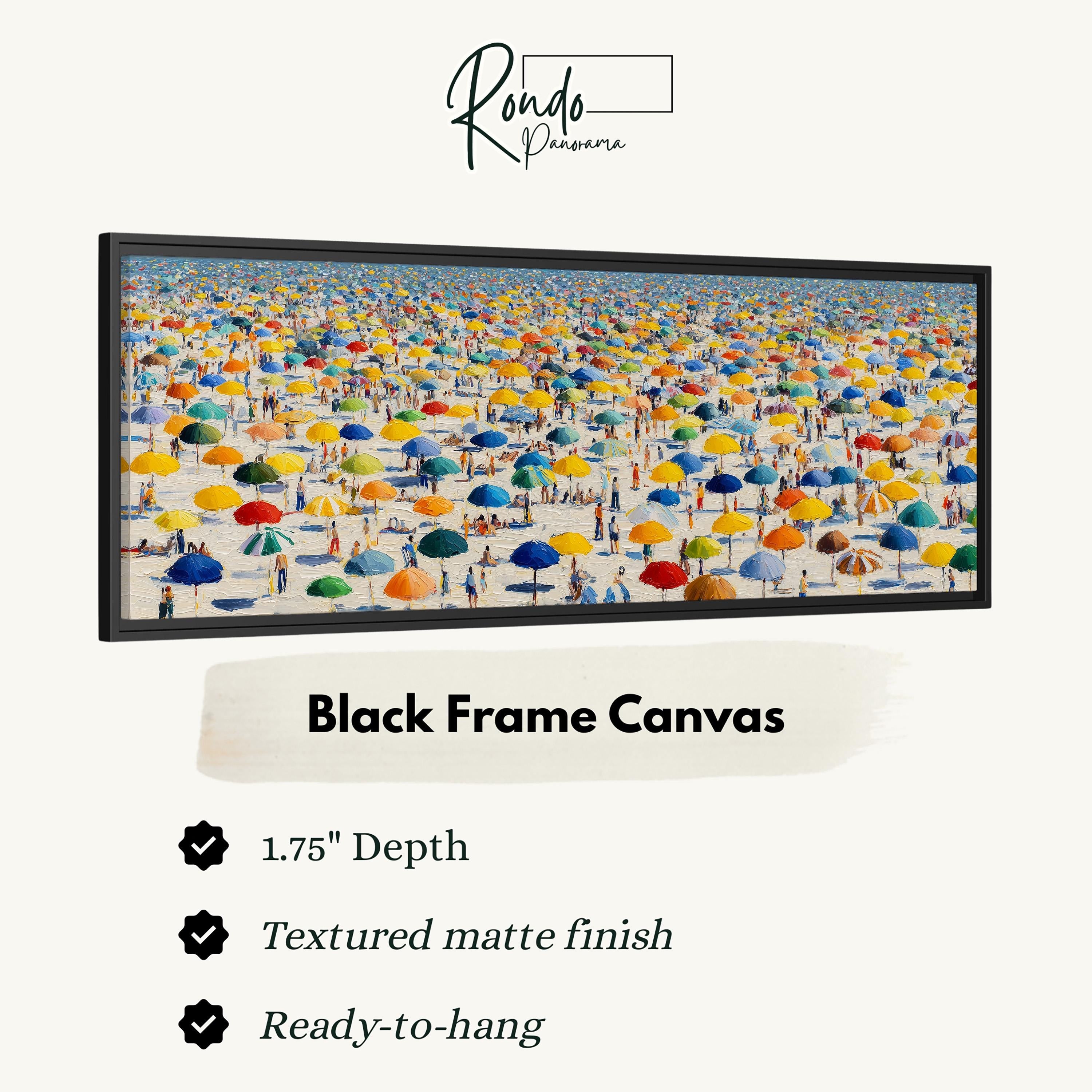 A large black frame canvas depicting a beach scene with numerous colorful umbrellas and people enjoying the sunny day.
