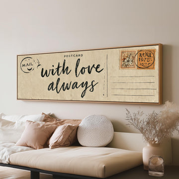 Vintage postcard saying with love always long horizontal canvas print above a sofa in a living room