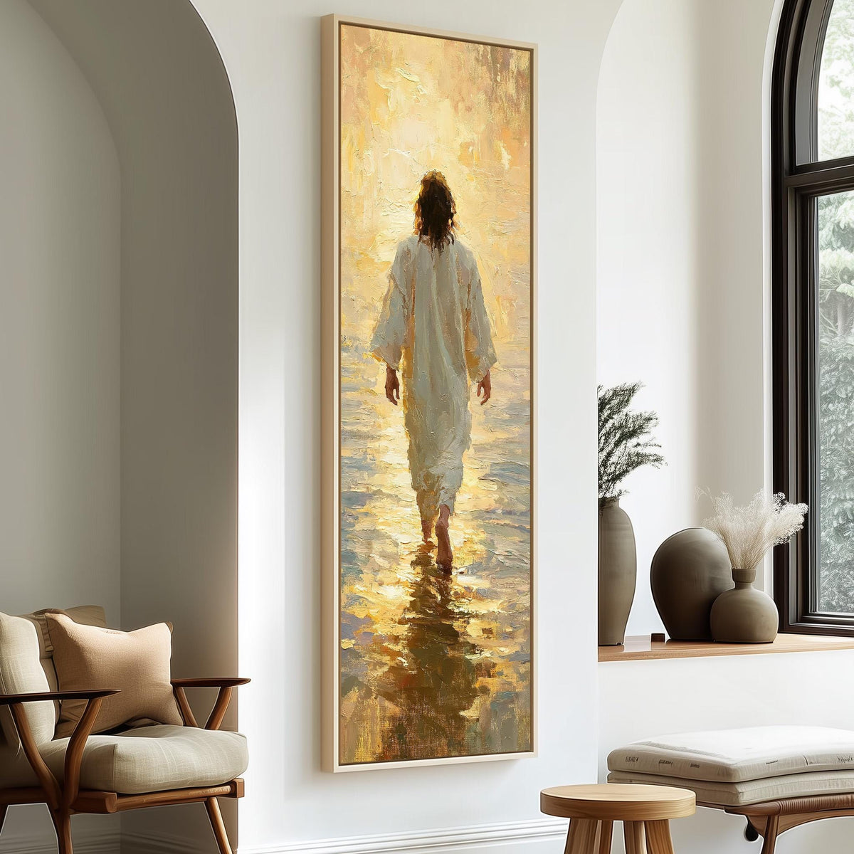 Jesus walking into golden light over water long vertical canvas print in a sunlit living space