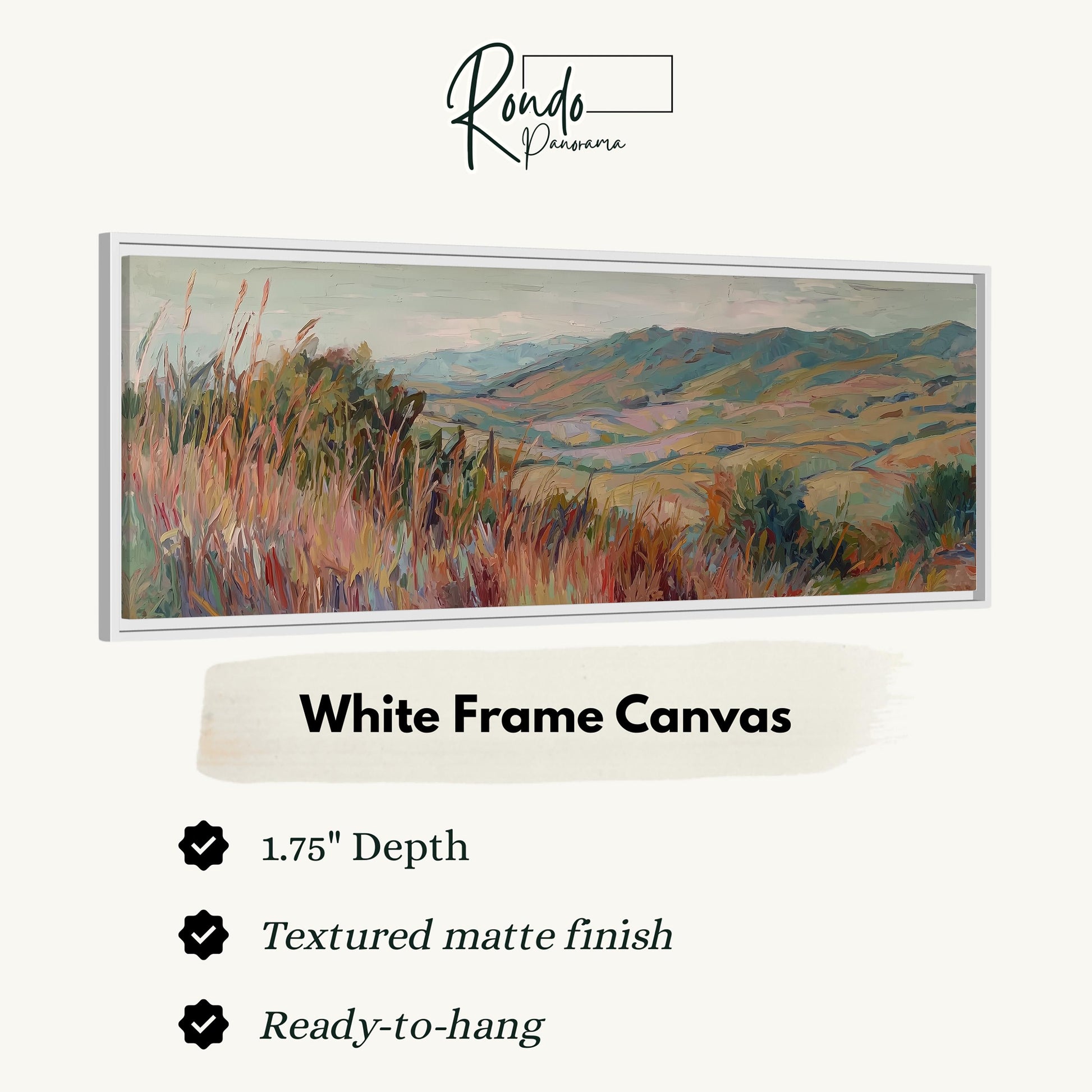 The image is a white frame canvas depicting a landscape with mountains and grassy fields.