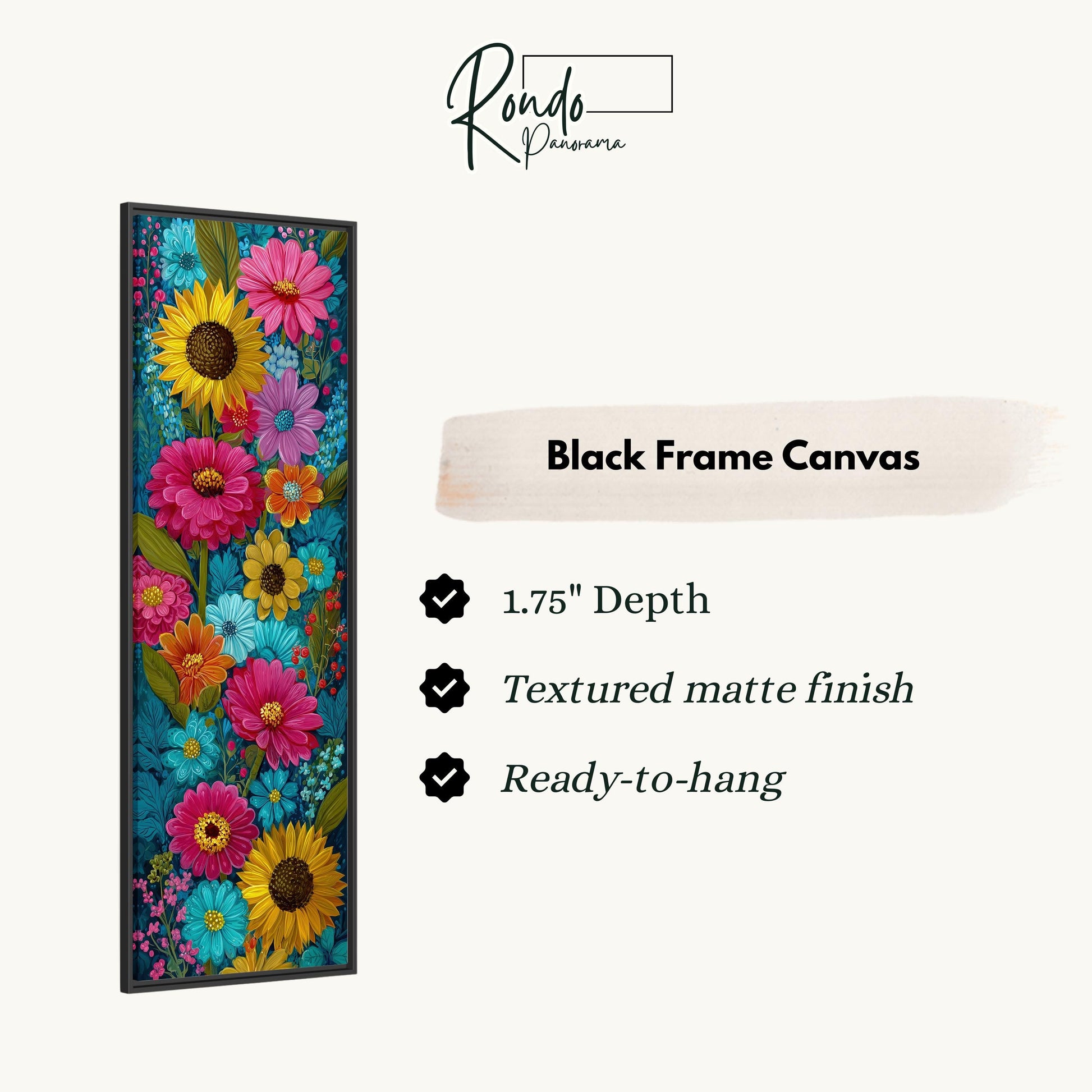 a vibrant, colorful floral canvas with a black frame. The canvas is described as having a 1.75" depth, a textured matte finish, and is ready to hang.