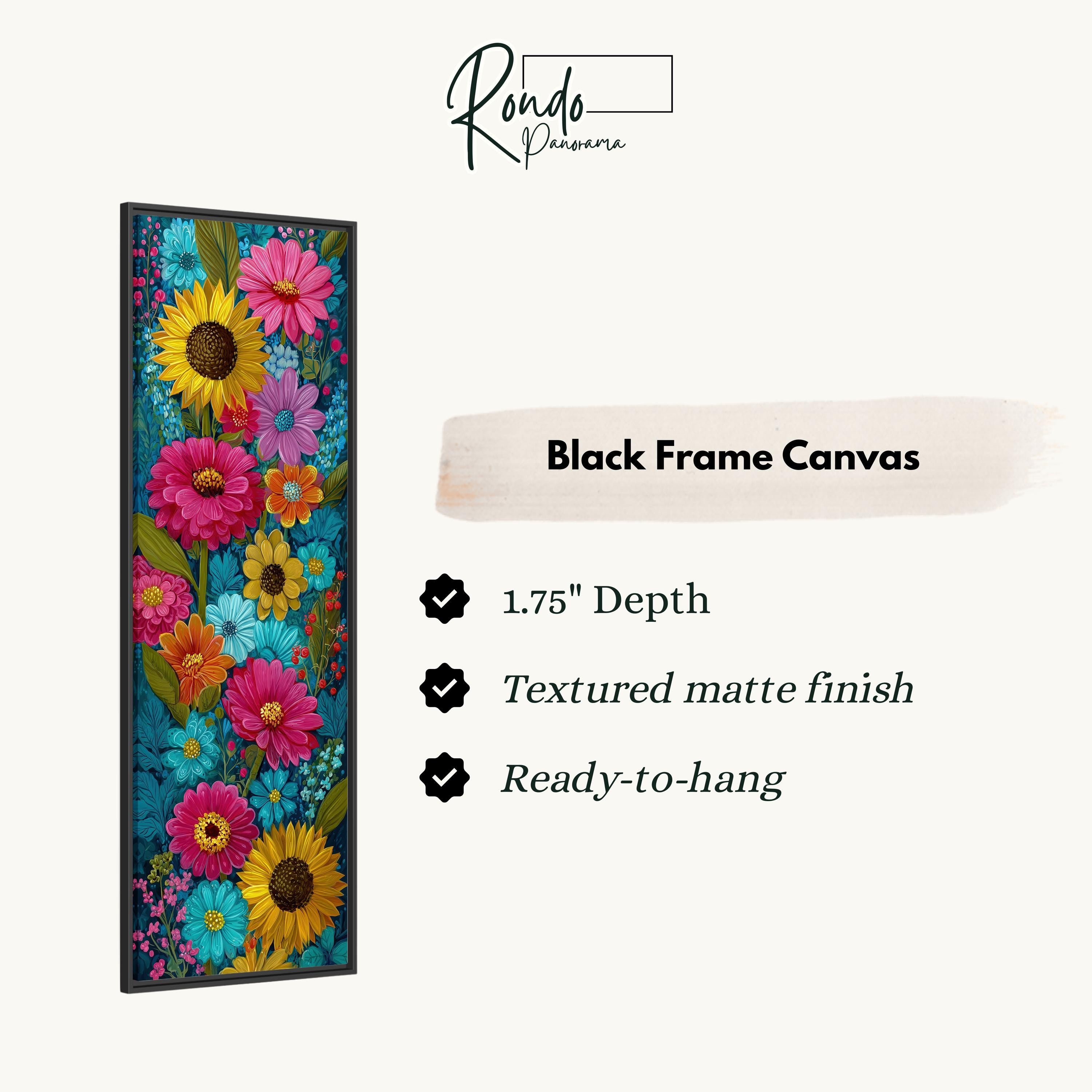 a vibrant, colorful floral canvas with a black frame. The canvas is described as having a 1.75" depth, a textured matte finish, and is ready to hang.