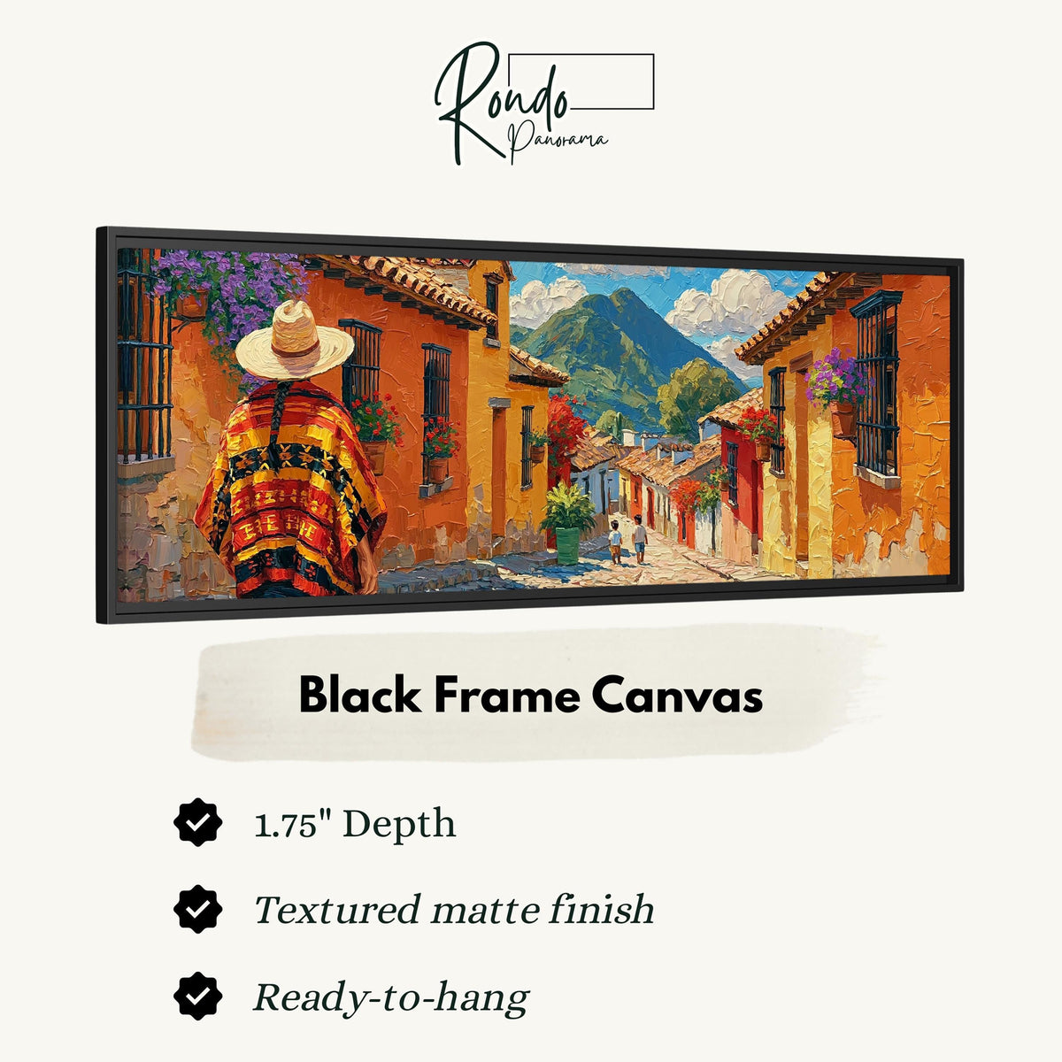 Colorful Guatemalan street with volcano view canvas print in a black floating frame