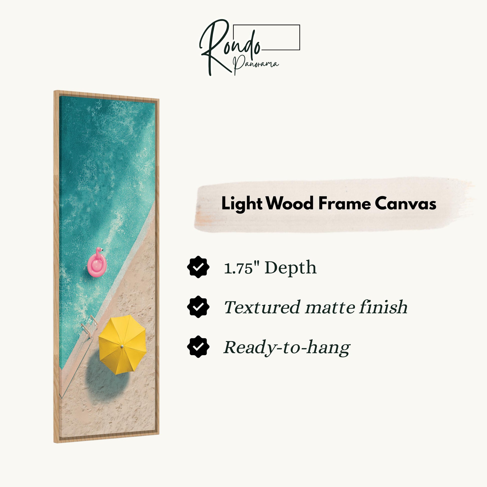 The image is a light wood frame canvas featuring a beach scene with a pink inflatable object and a yellow umbrella.