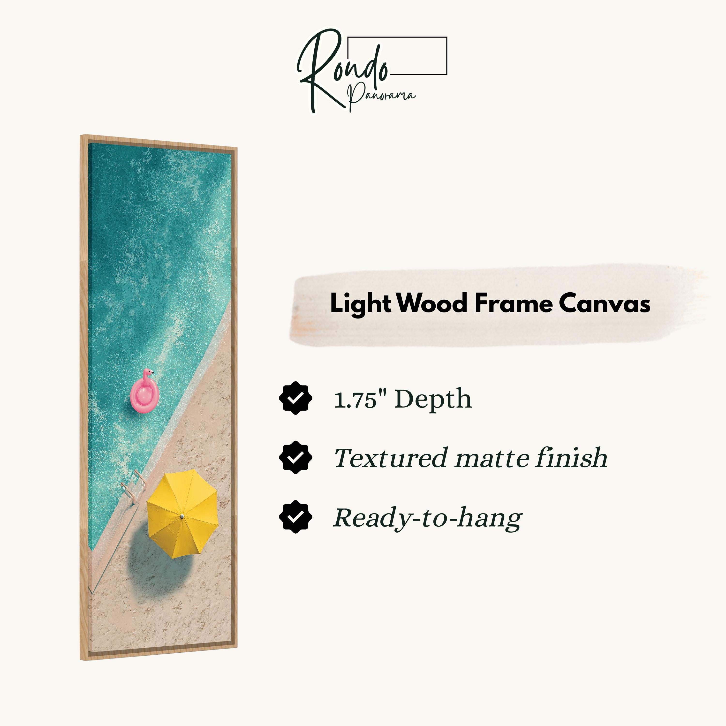 The image is a light wood frame canvas featuring a beach scene with a pink inflatable object and a yellow umbrella.