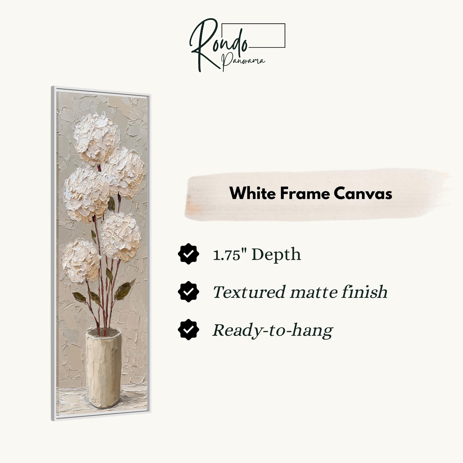 The image is a framed painting of white hydrangeas in a vase.