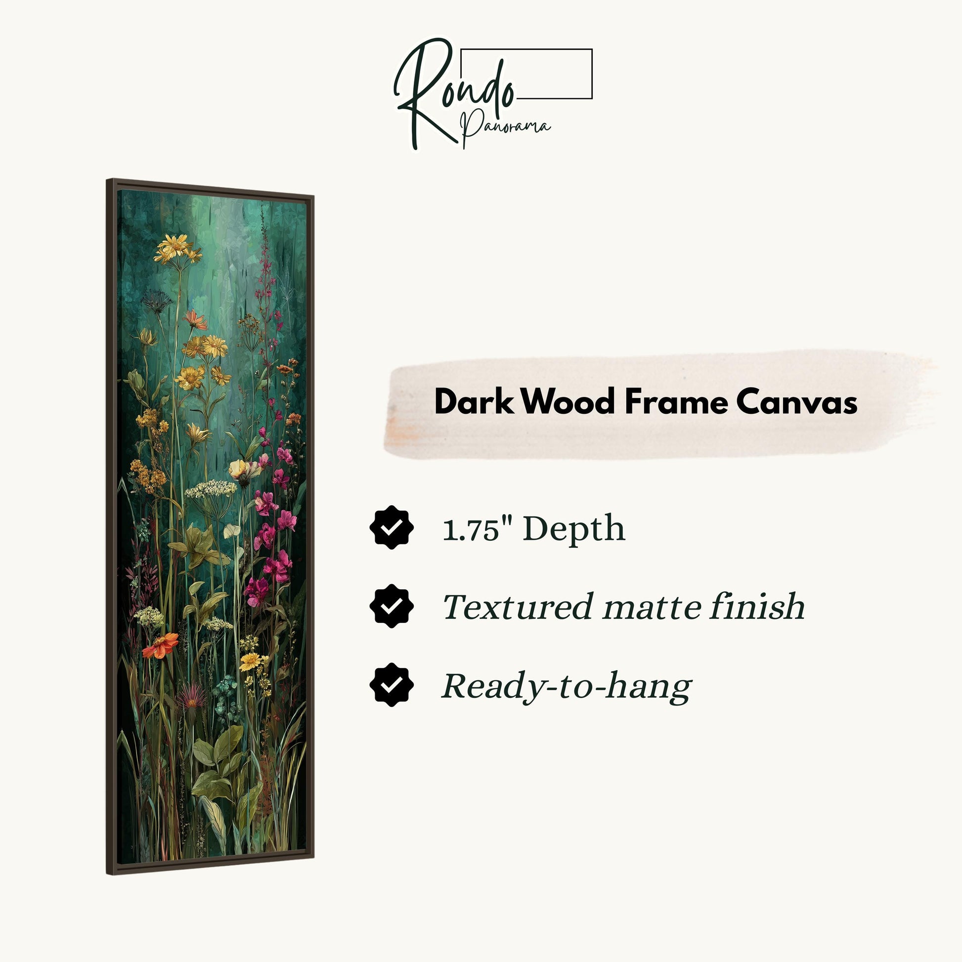 The image is a dark wood frame canvas featuring a painting of a lush green forest with tall grass and colorful flowers.