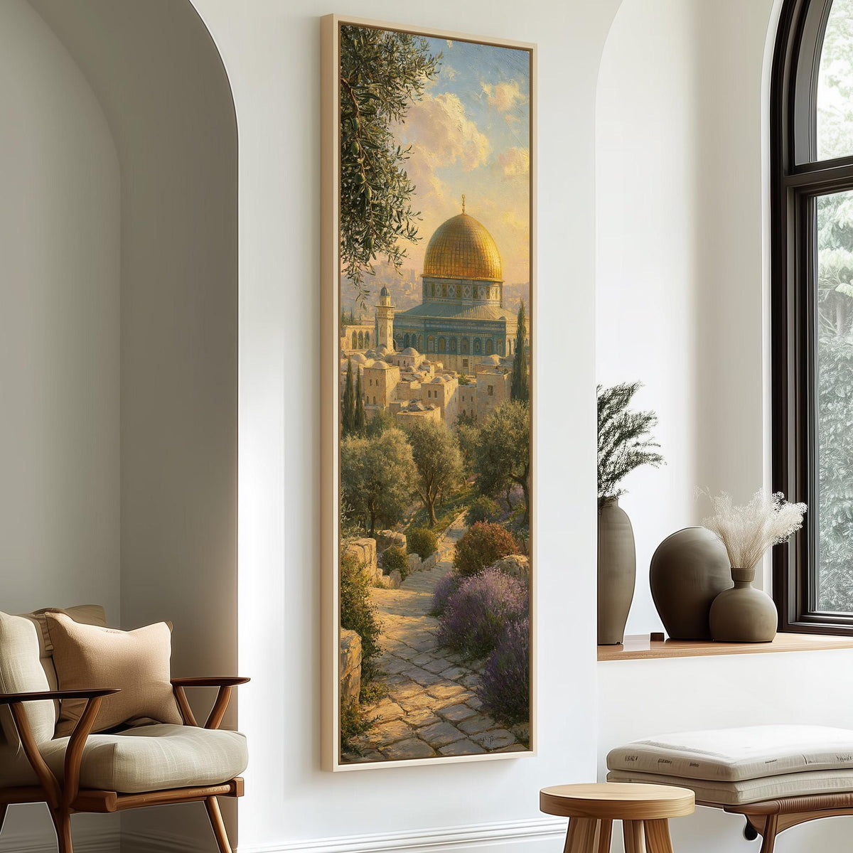 Garden path leading to the golden Dome of the Rock long vertical canvas print in a sunlit living space