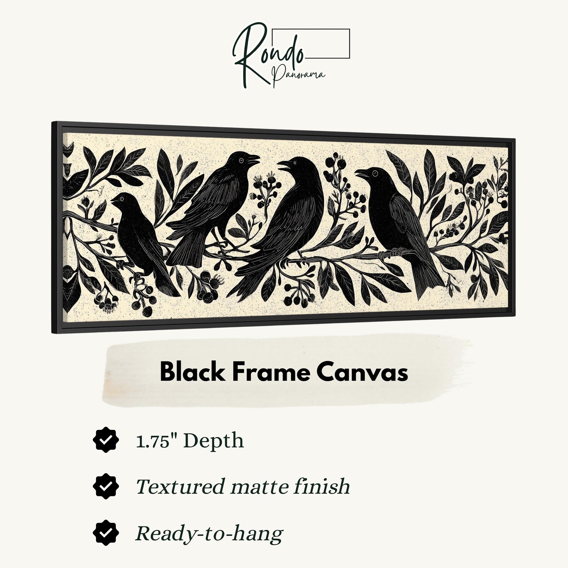 The image is a black and white framed canvas depicting four black birds perched on branches with leaves and berries.