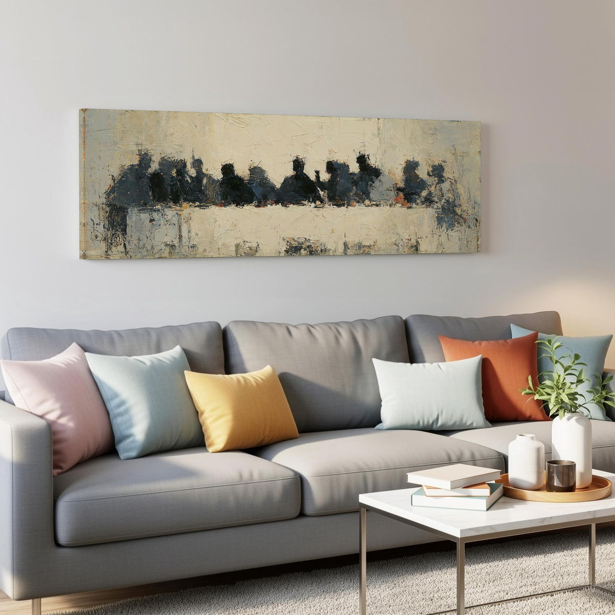 Abstract silhouette Last Supper panoramic canvas print above a grey sofa in a living room