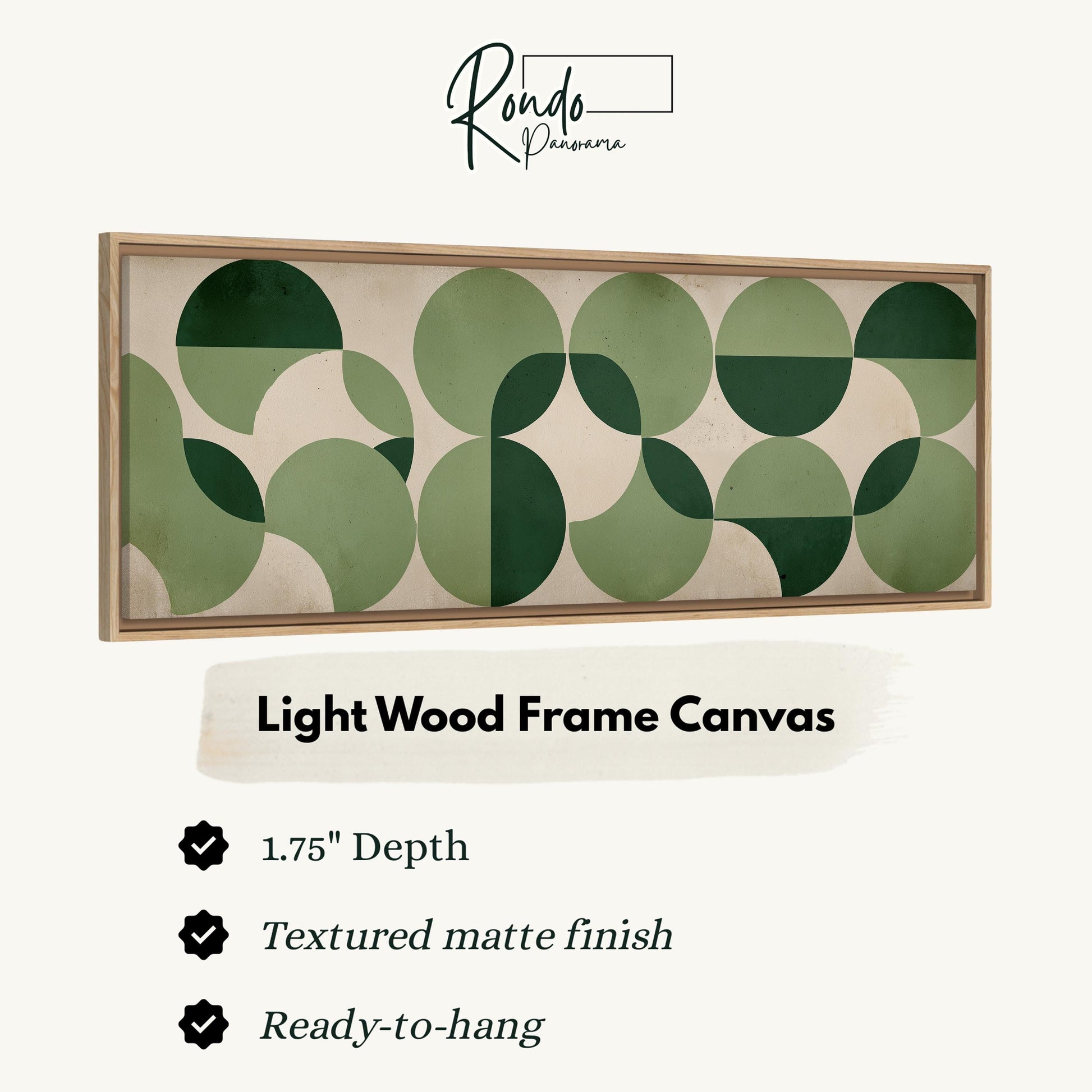 The image is a product advertisement for a light wood frame canvas. It features a close-up of a canvas with a geometric pattern of green circles and a text description of the product.