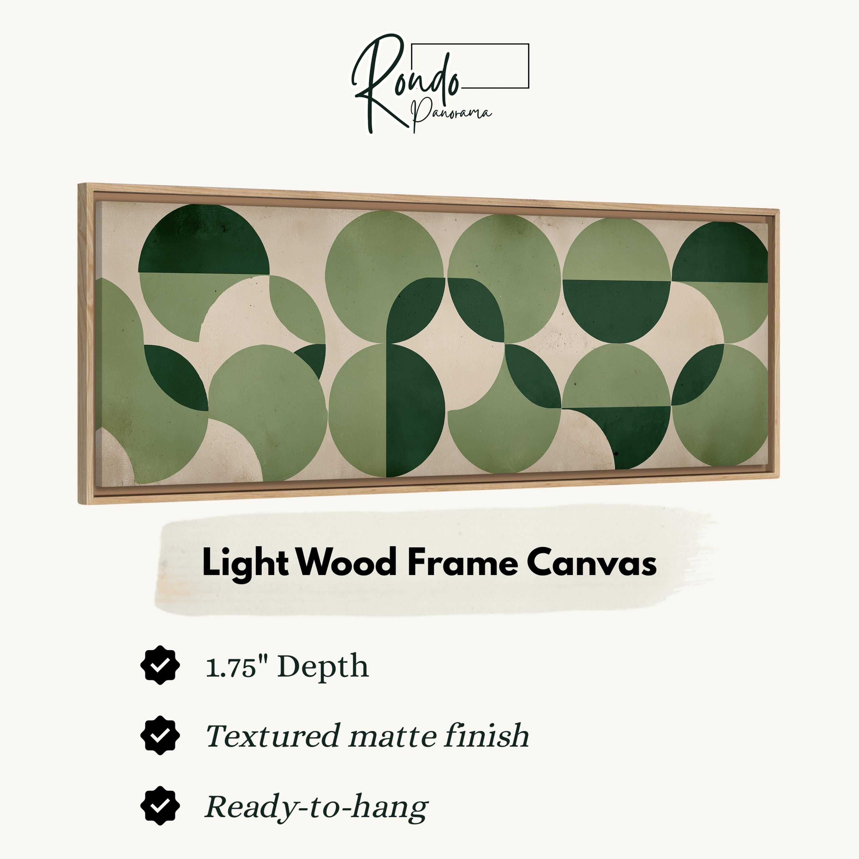The image is a product advertisement for a light wood frame canvas. It features a close-up of a canvas with a geometric pattern of green circles and a text description of the product.