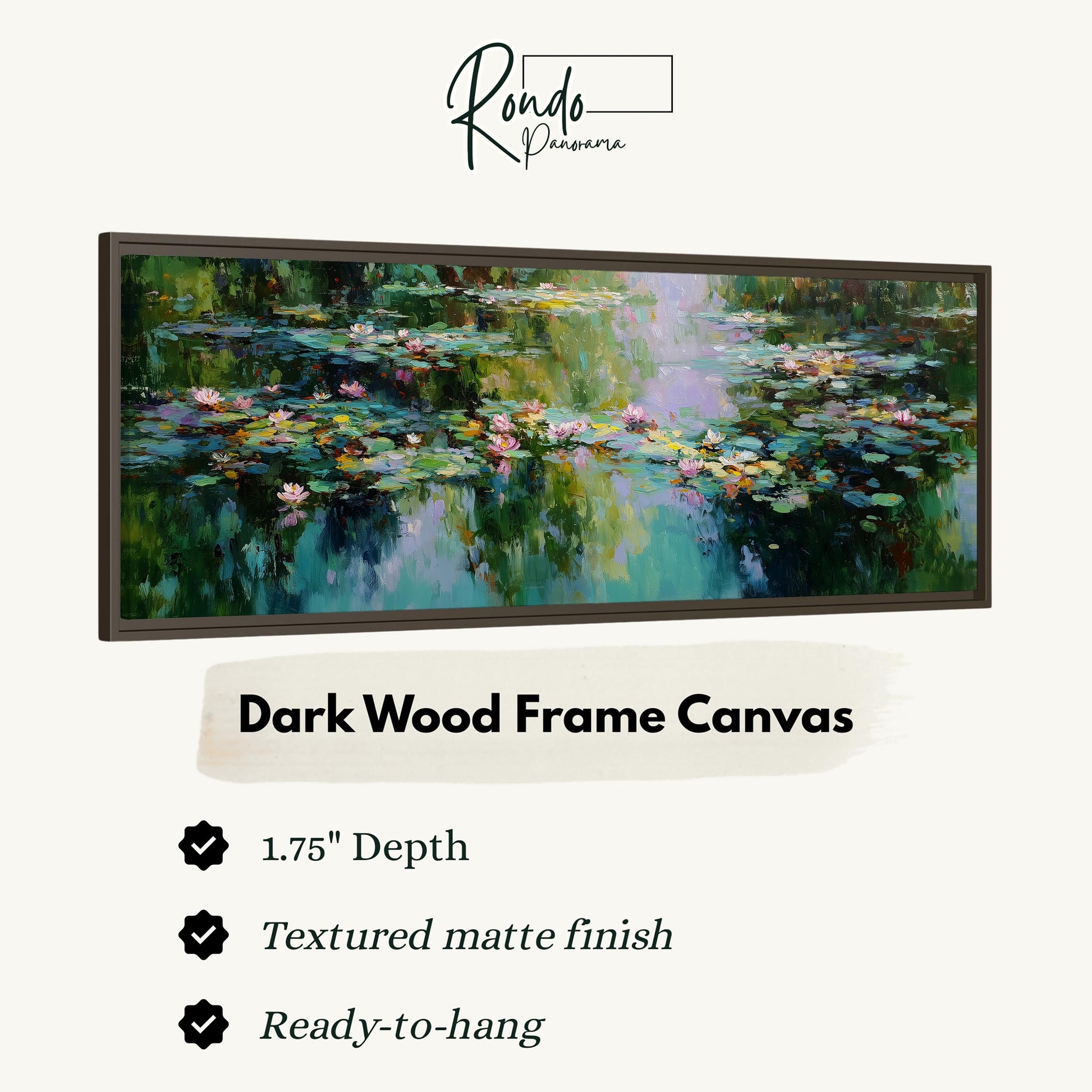 The image is a framed painting of a water lily pond with lily pads, and it is described as a dark wood frame canvas.