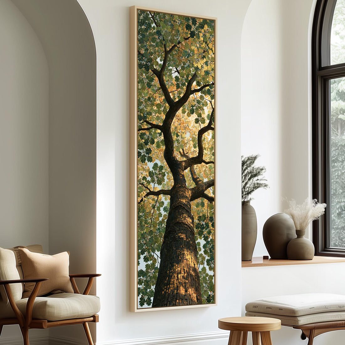 Oak canopy with textured bark and gold leaves long vertical canvas print in a sunlit living space