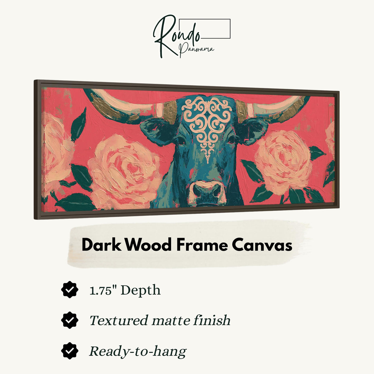 Longhorn with pink roses canvas print in a dark wood floating frame