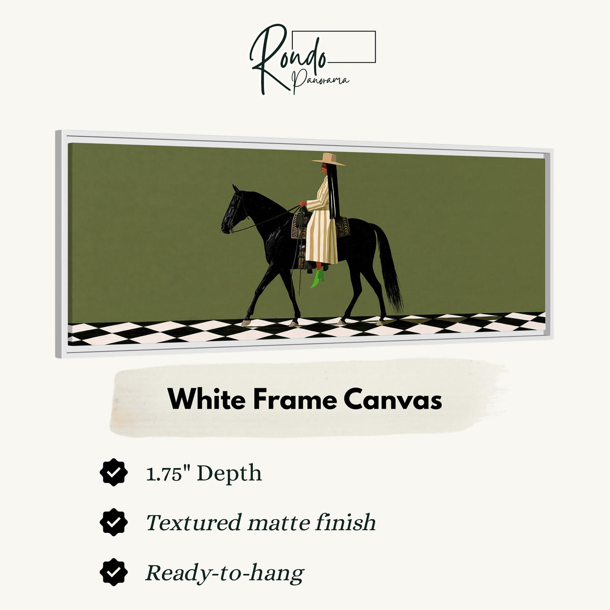 Woman riding a black horse on a checkerboard canvas print in a white floating frame