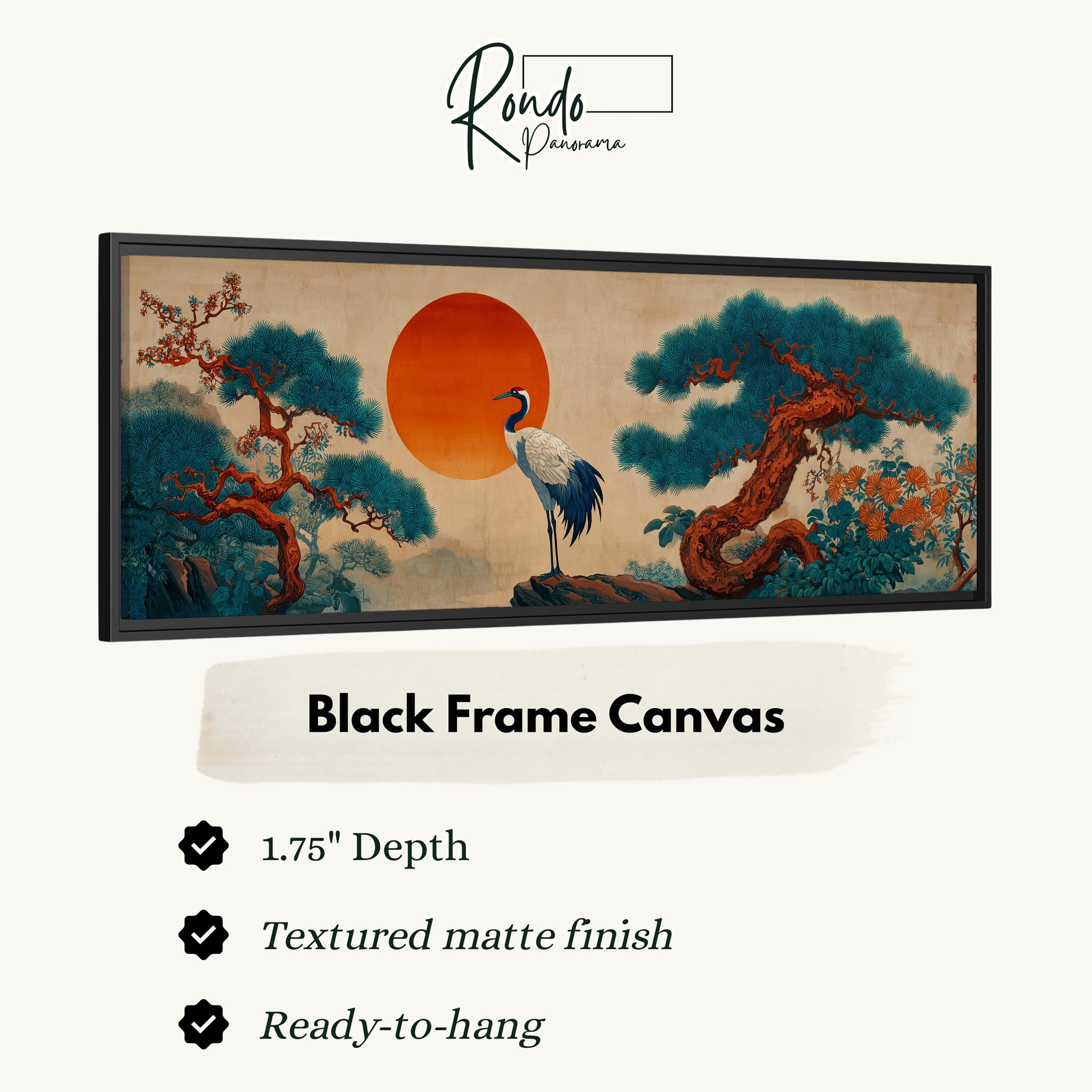 The image is a black frame canvas depicting a serene landscape with a crane standing on a rock, surrounded by trees and a large orange sun in the sky.