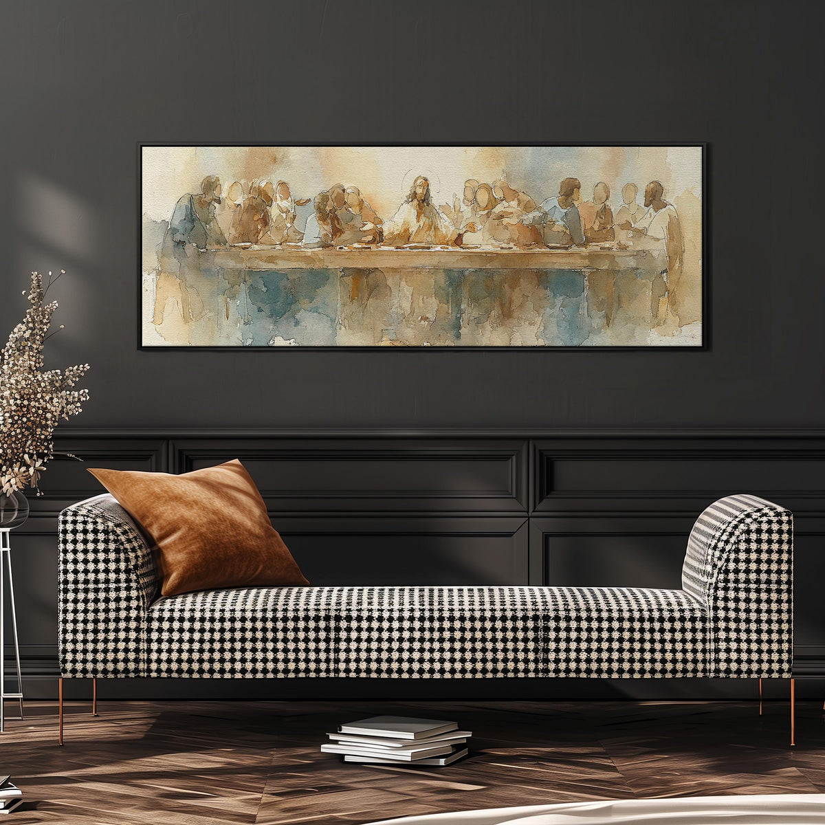 The Last Supper in watercolor long horizontal canvas print displayed on a wall