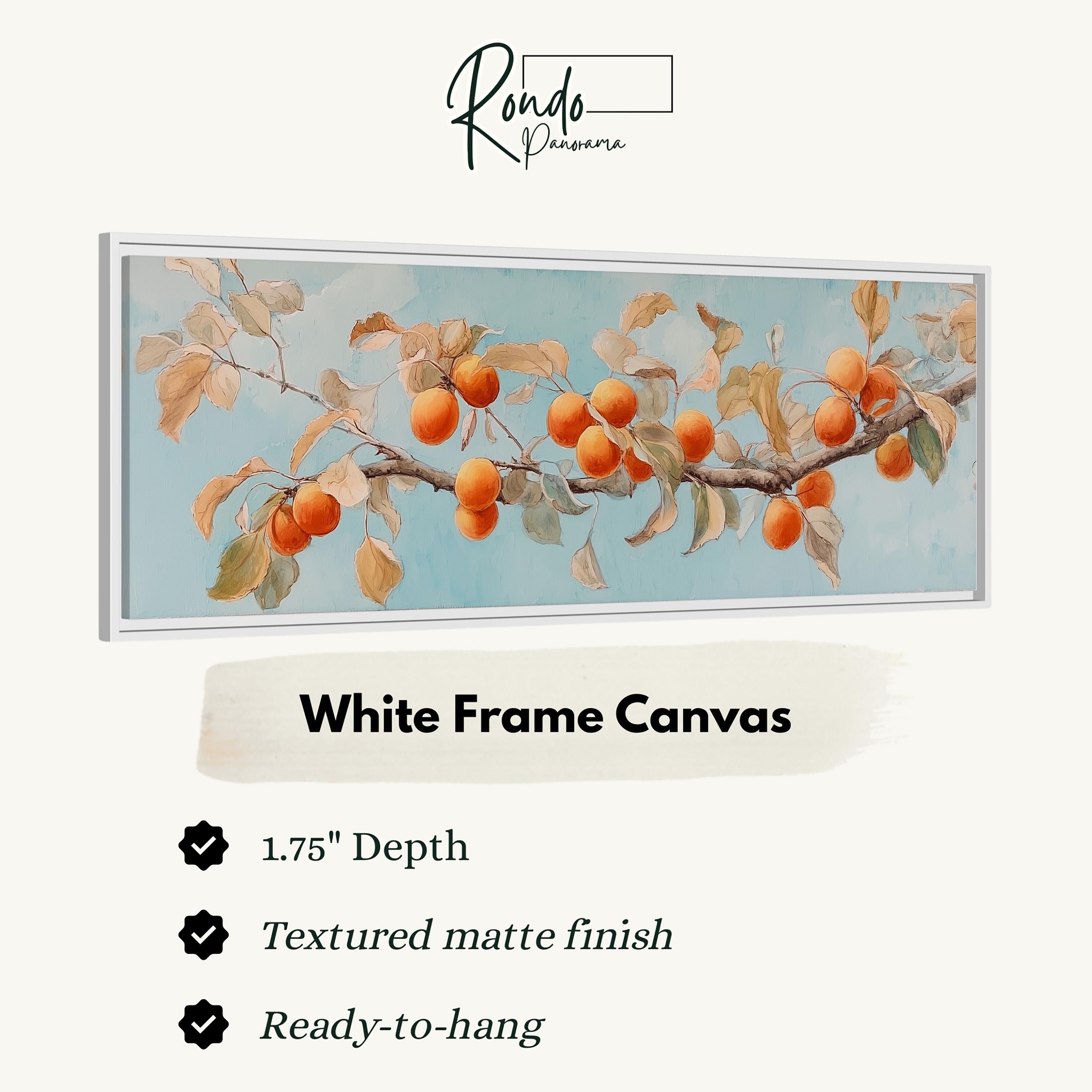 The image is a white frame canvas depicting a branch with orange fruits, possibly cherries or peaches, against a blue background.