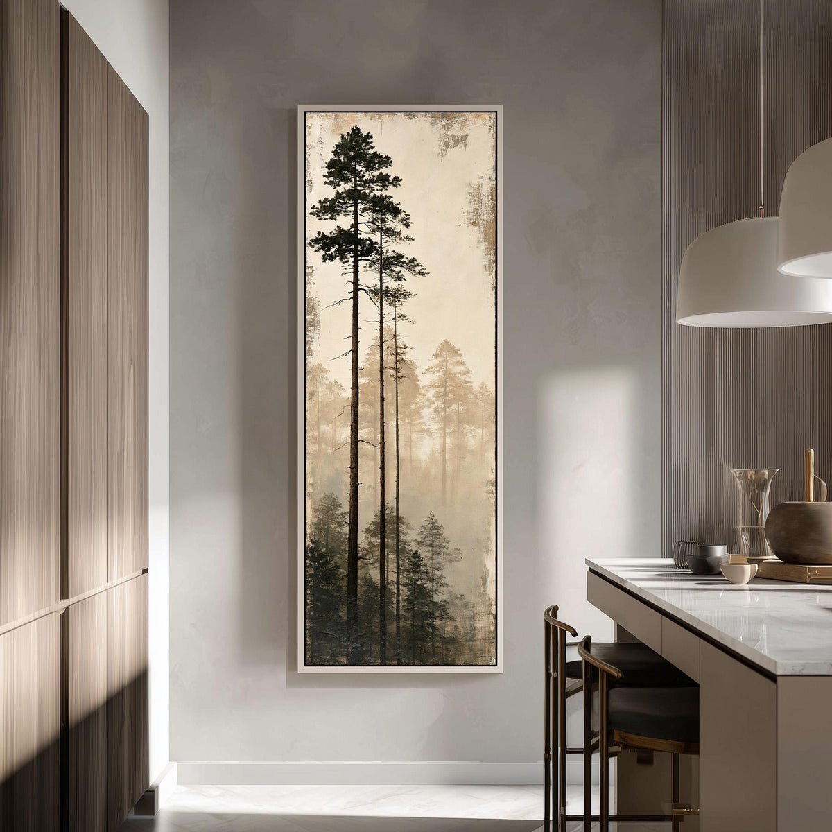 Tall pines in fog tall skinny canvas print in a modern kitchen