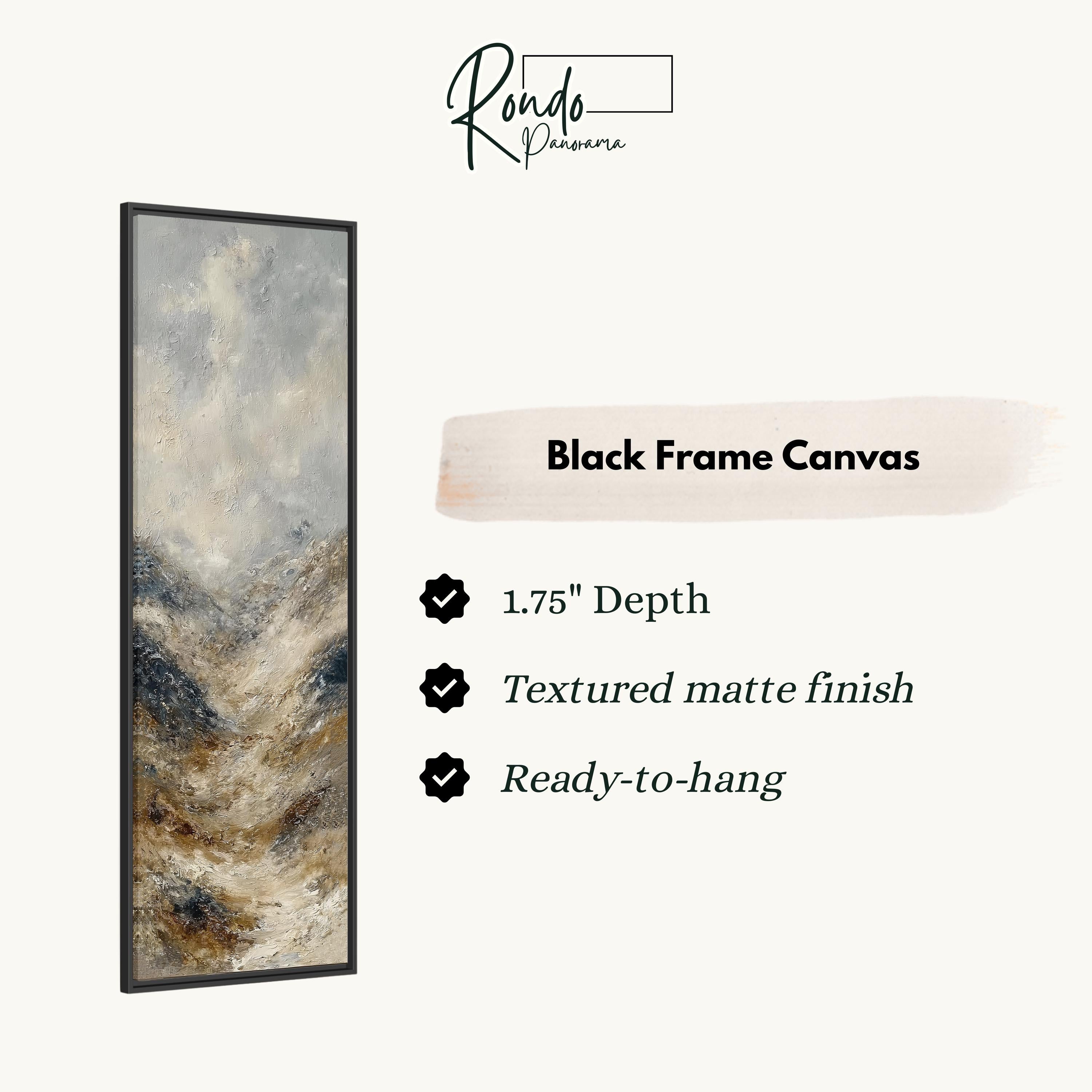 The image is a product description for a black frame canvas. It features a painting of a mountain landscape with a textured finish and a depth of 1.75 inches. The canvas is ready to hang and has a textured matte finish.