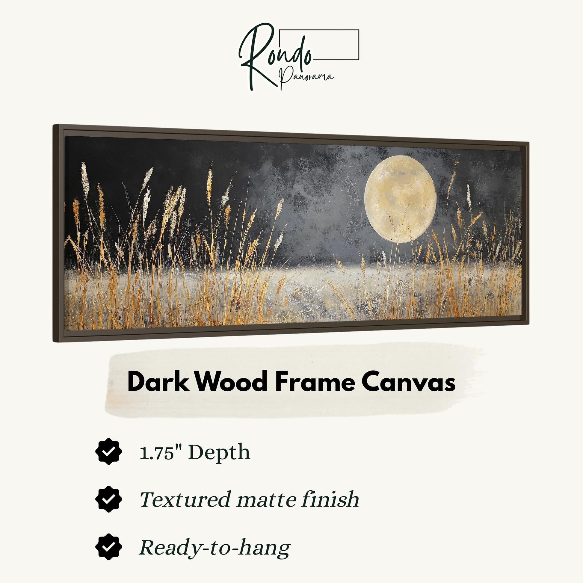 The image is a dark wood frame canvas depicting a field of tall grass under a full moon.