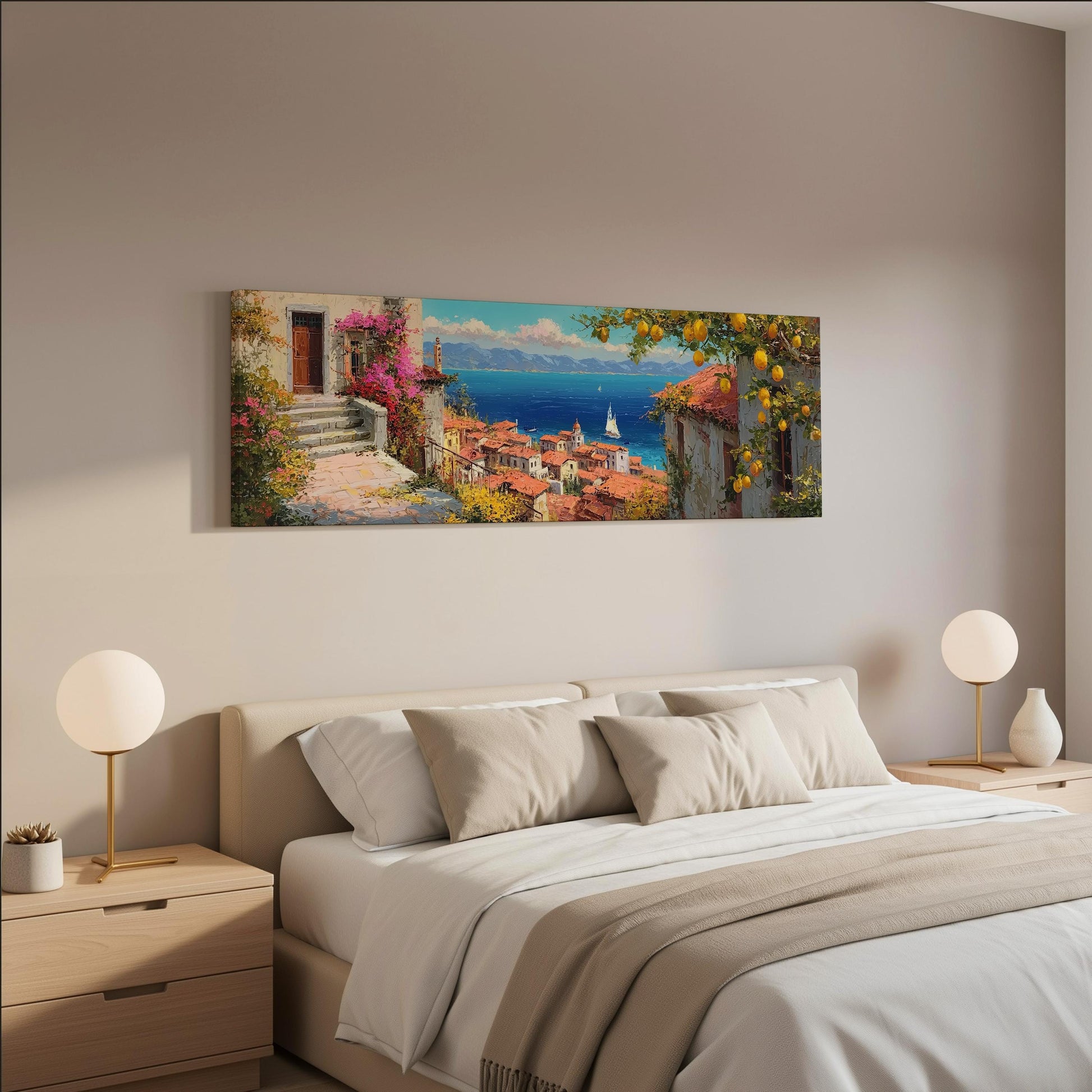 a bedroom with a large painting of a coastal town hanging on the wall above a bed with white bedding and pillows.