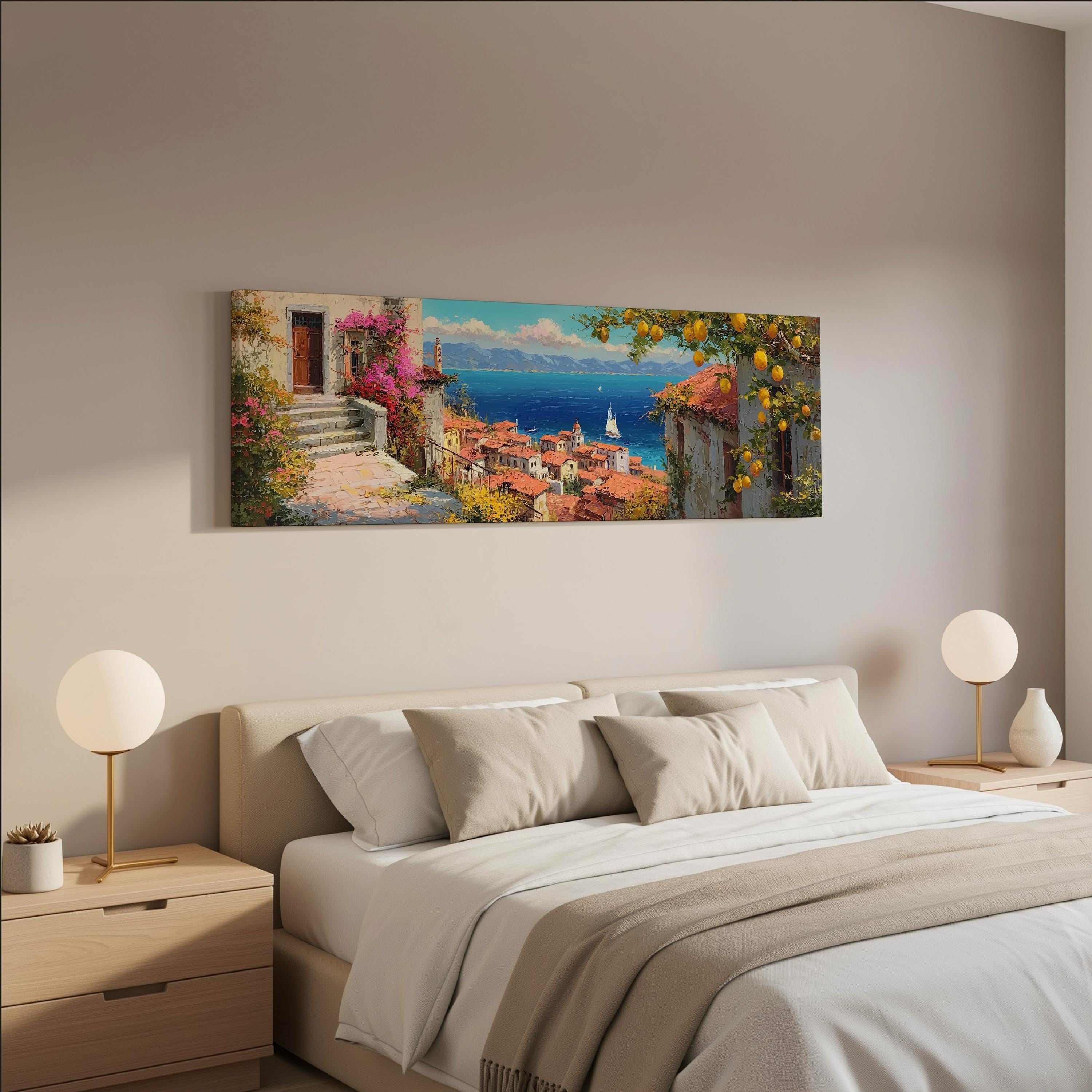 a bedroom with a large painting of a coastal town hanging on the wall above a bed with white bedding and pillows.