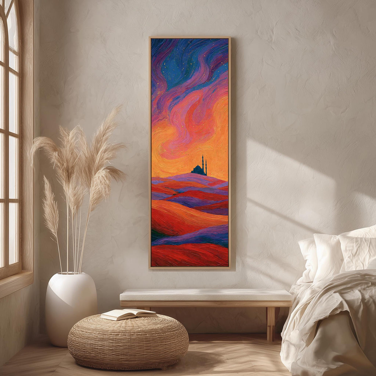 Mosque silhouette under a swirling sunset sky long vertical canvas print in a bright reading corner