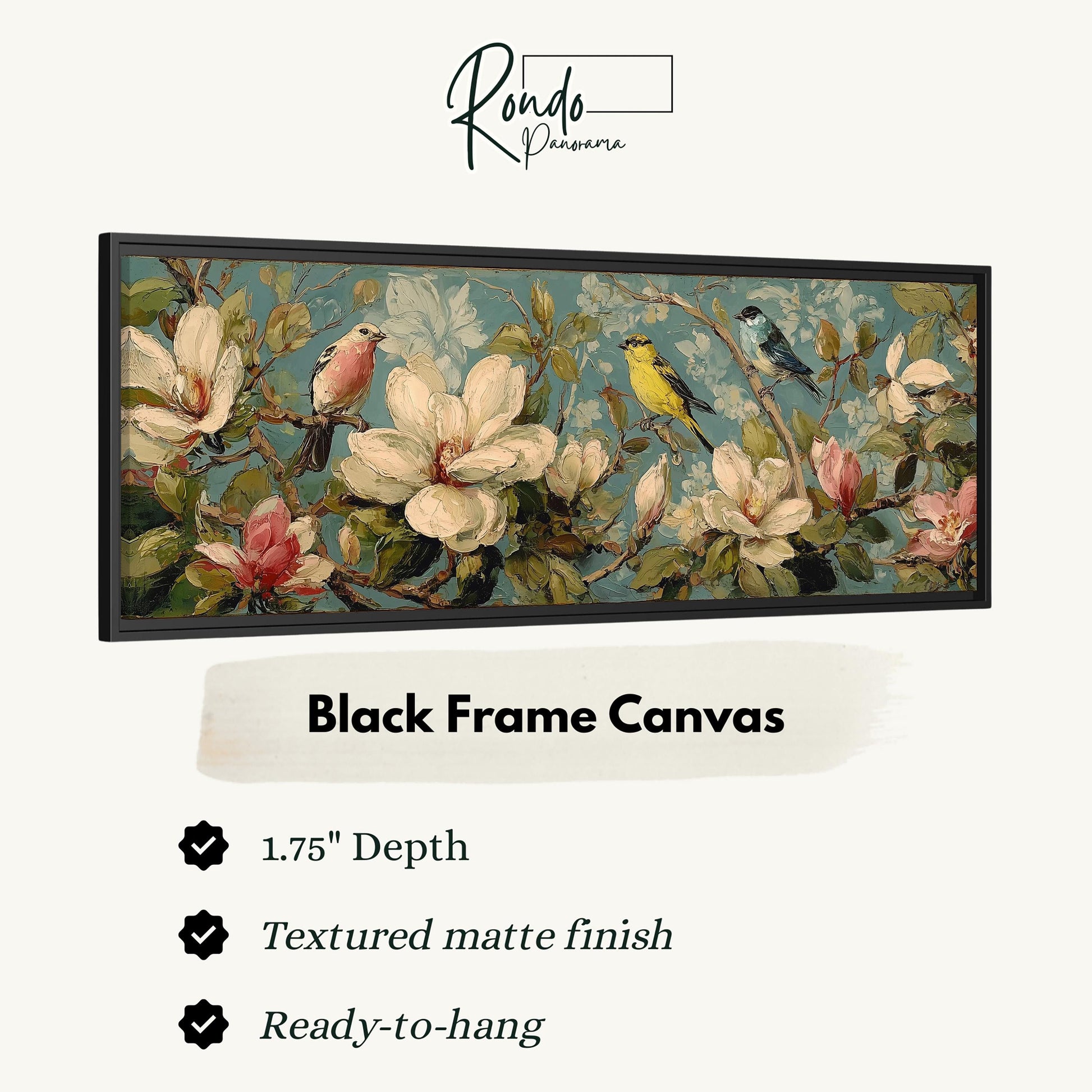 The image is a framed artwork depicting a floral scene with birds perched on flowers.