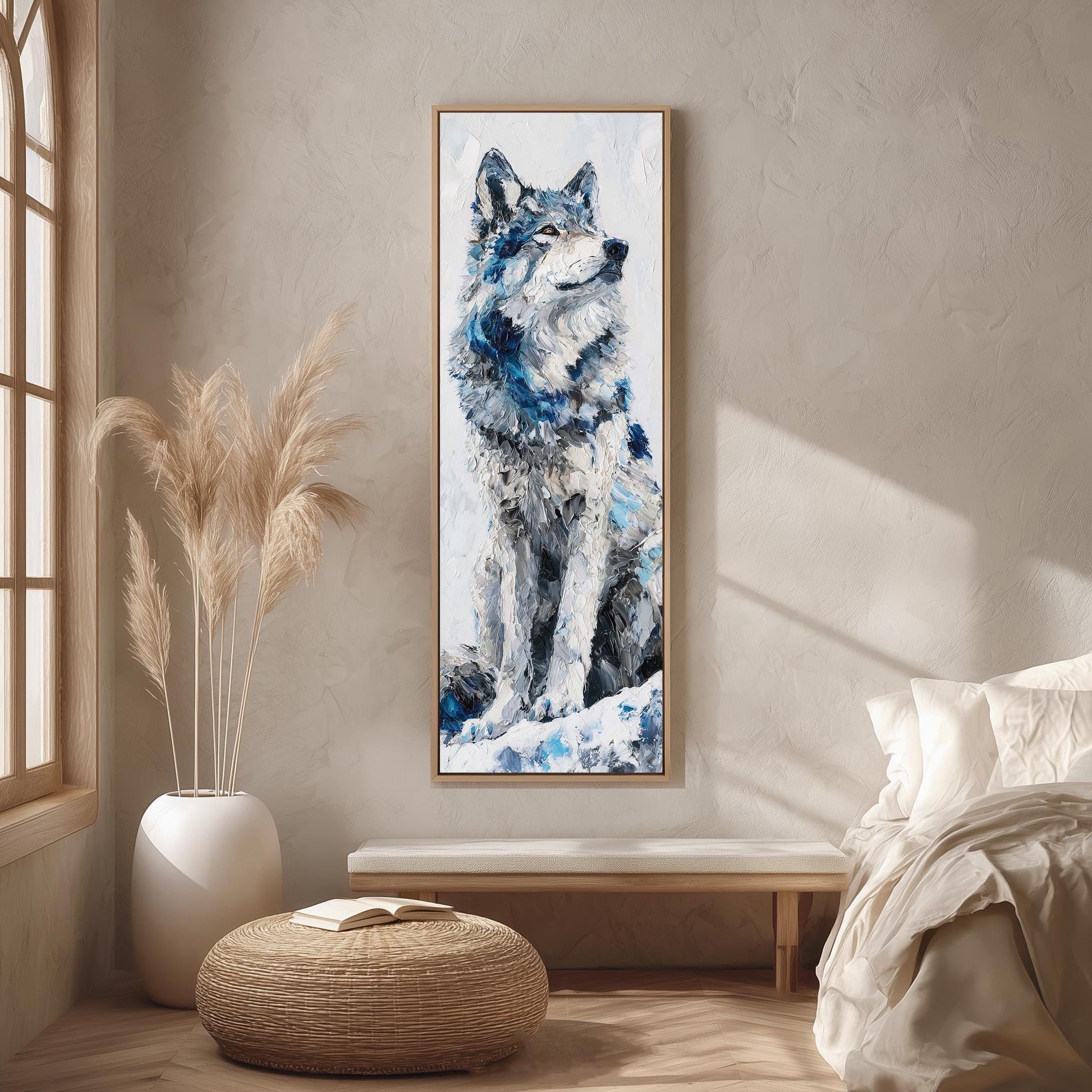 a large painting of a wolf on the wall of a room with a bed, a potted plant, and a woven ottoman.