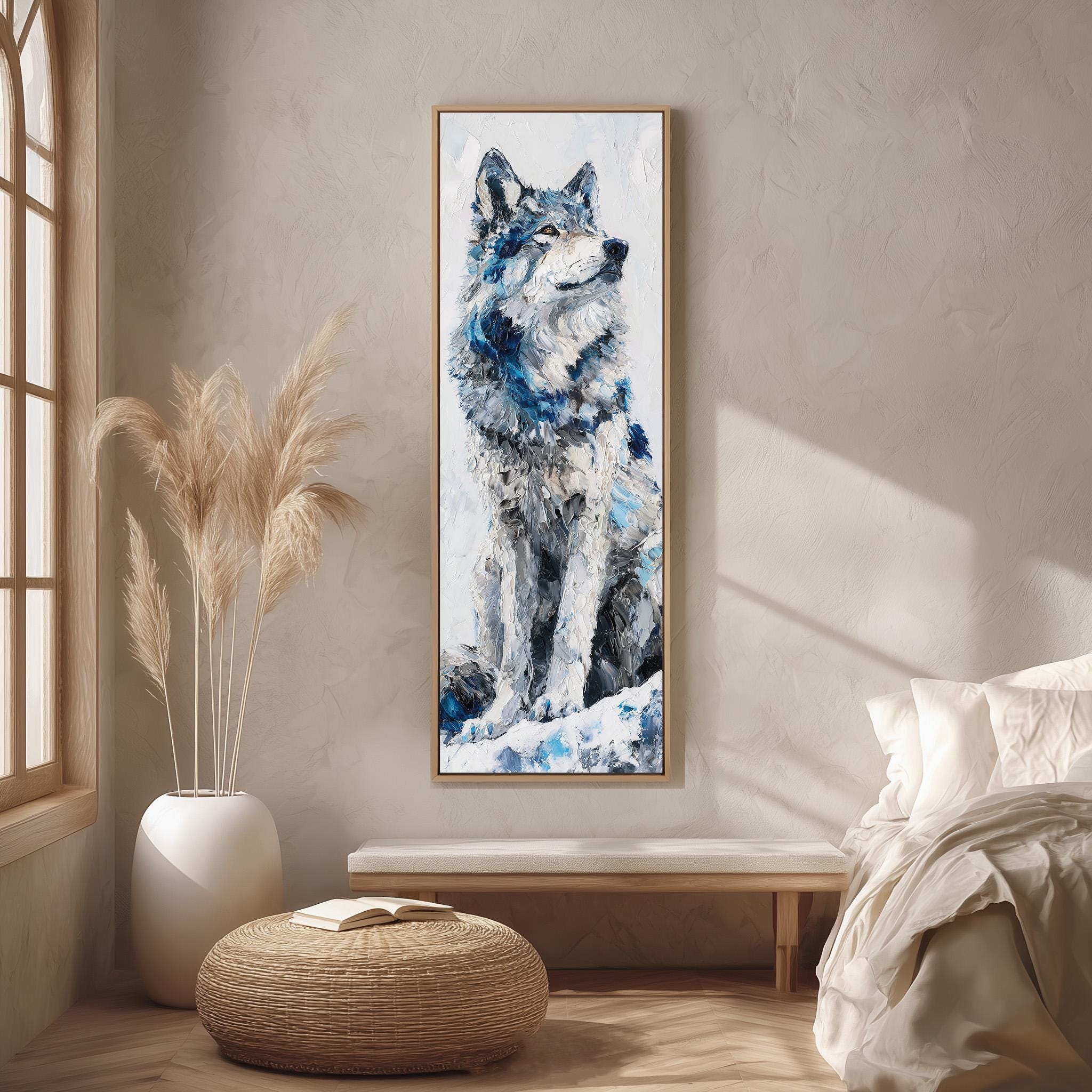 a large painting of a wolf on the wall of a room with a bed, a potted plant, and a woven ottoman.