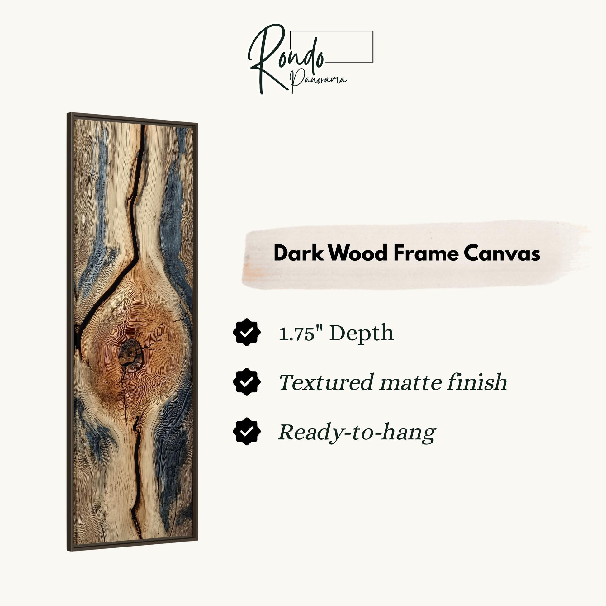 The image is a product description for a dark wood frame canvas. It features a close-up of a tree trunk with a unique knot pattern, highlighting the natural texture and depth of the wood. The canvas is described as having a 1.75" depth, a textured matte finish, and is ready to hang.
