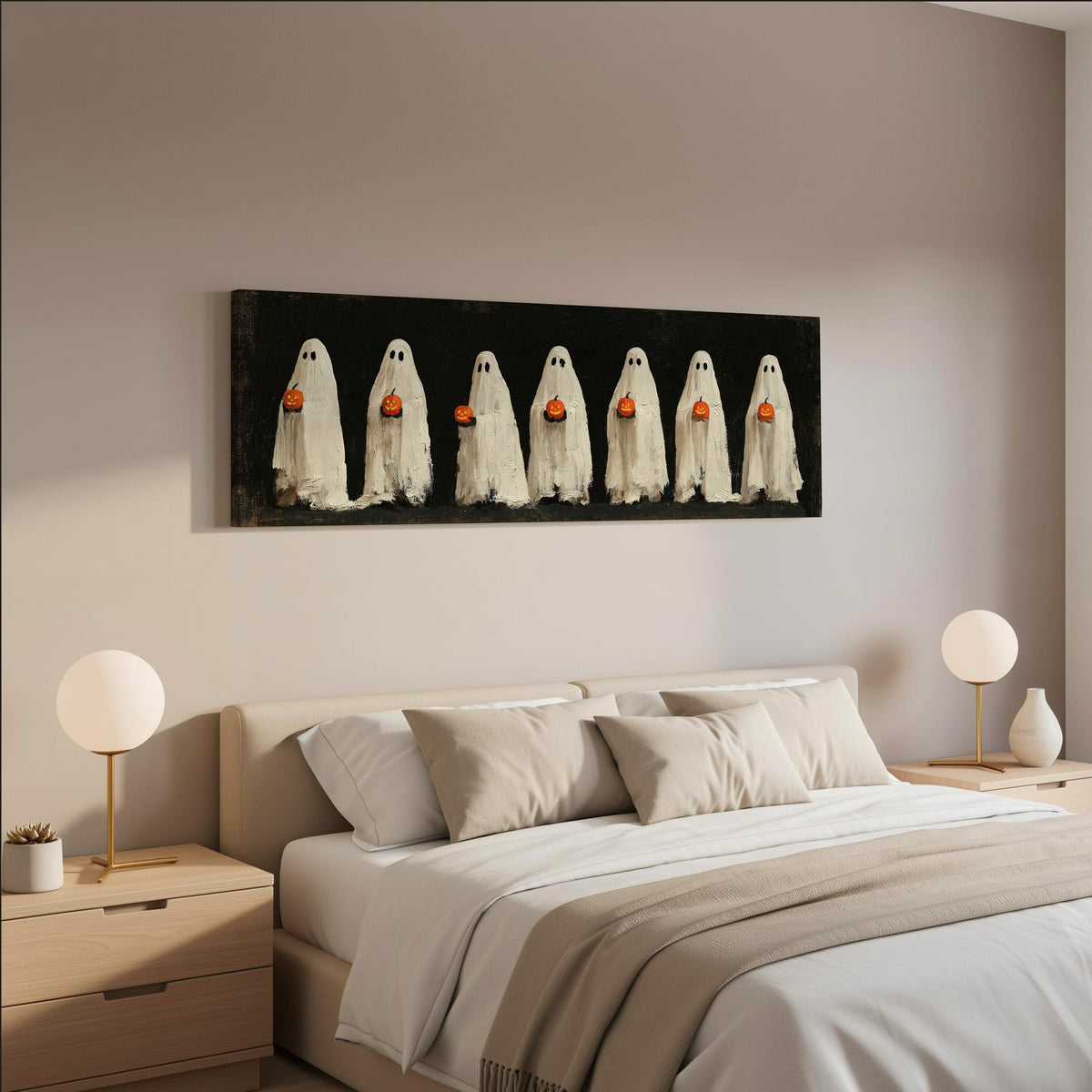 Row of ghosts holding pumpkins wide panoramic canvas print above a bed in a neutral bedroom