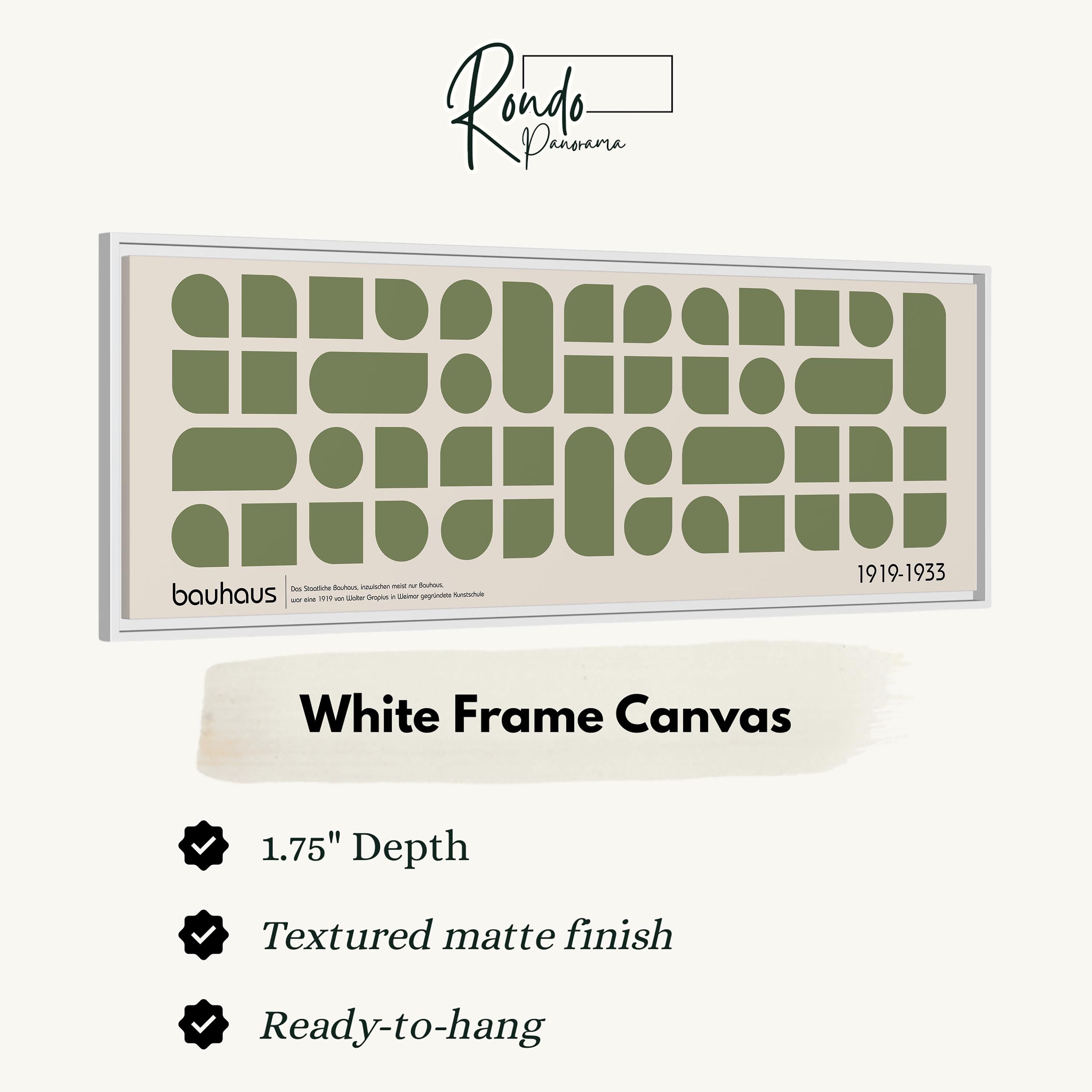 The image is a white frame canvas with a geometric pattern in shades of green and beige.